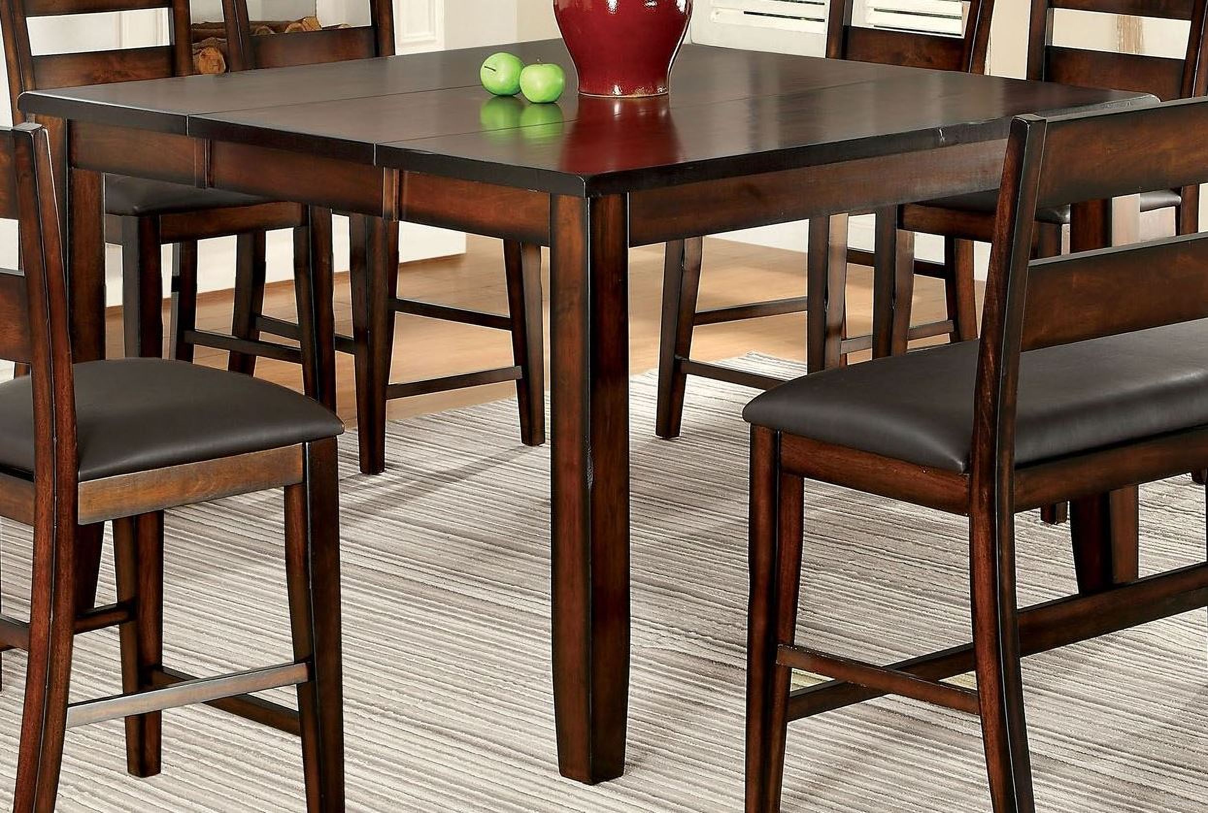 The appearance of Dickinson II Dark Cherry Square Extendable Counter Height Leg Table designed by Furniture of America in the transitional interior design. This brown piece of furniture was selected by 1StopBedrooms from Dickinson Collection to add a touch of cosiness and style into your home. Sku: CM3187PT. Table Base Style: Legs. Table Top Shape: Square. Material: Wood. Size: 54" x 54".