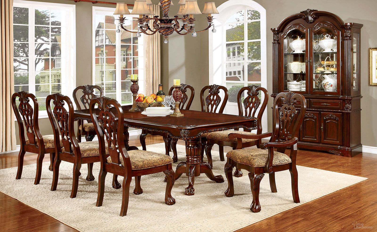 The appearance of Elana Cherry Extendable Rectangular Dining Room Set designed by Furniture of America in the traditional interior design. This brown piece of furniture  was selected by 1StopBedrooms from Elana Collection to add a touch of cosiness and style into your home. Sku: CM3212T;CM3212SC-2PK. Table Base Style: Double Pedestal. Material: Wood. Table Top Shape: Rectangular. Size: 89" x 42".