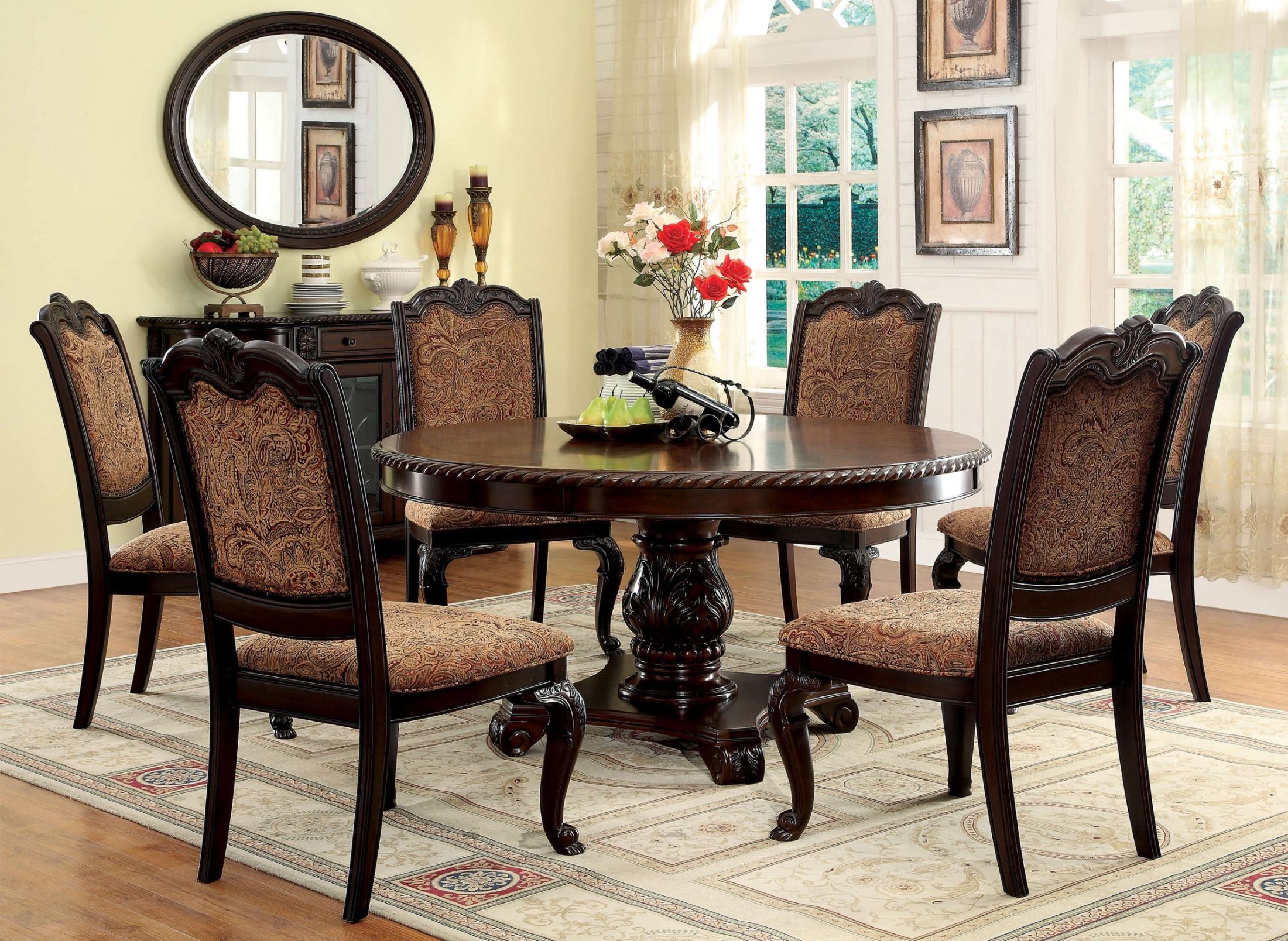 The appearance of Bellagio Brown Cherry Round Pedestal Dining Room Set designed by Furniture of America in the traditional interior design. This brown piece of furniture  was selected by 1StopBedrooms from Bellagio Collection to add a touch of cosiness and style into your home. Sku: CM3319RT-T;CM3319RT-B;CM3319W-SC-2PK. Table Base Style: Pedestal. Table Top Shape: Round. Material: Wood. Size: 60".