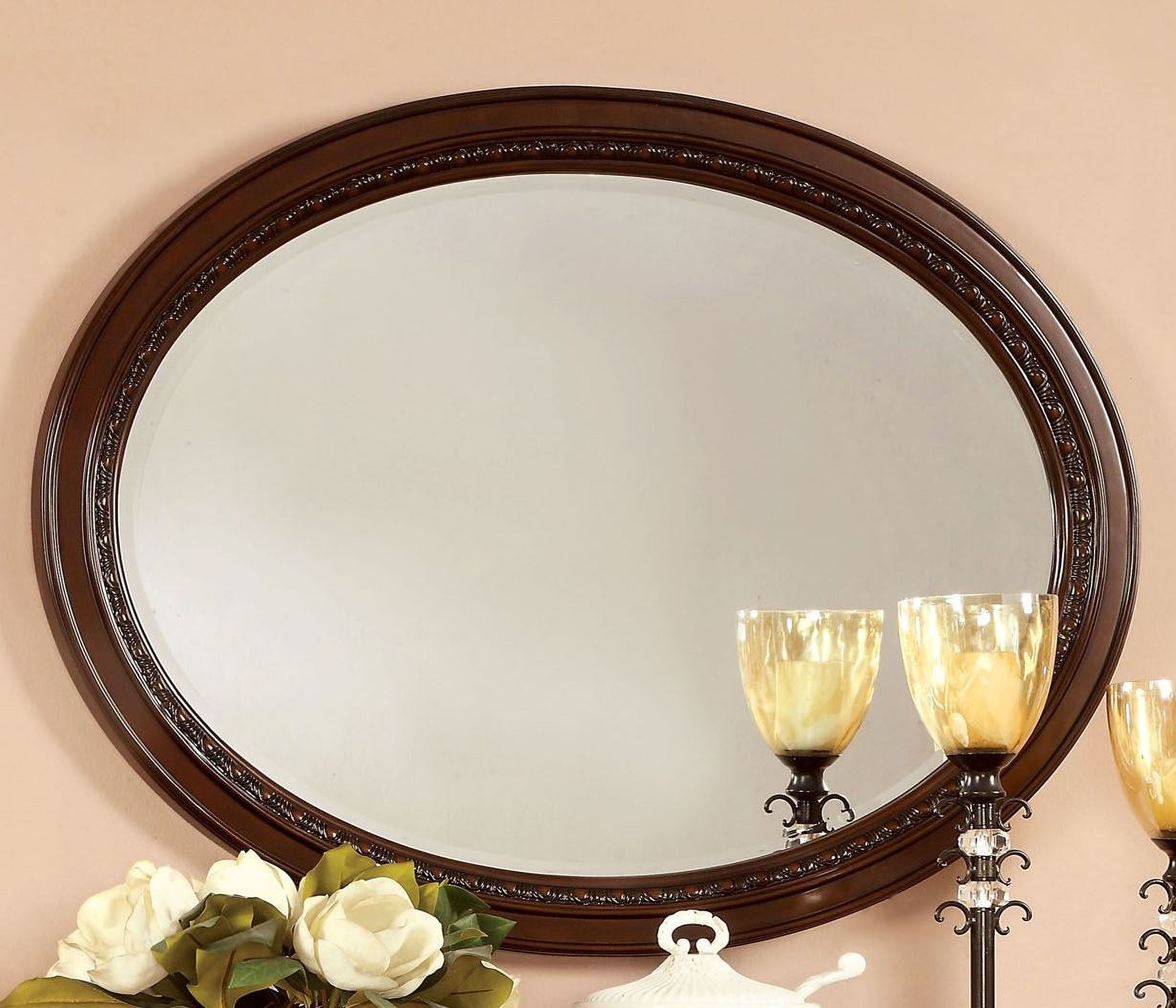 The appearance of Bellagio Brown Cherry Mirror designed by Furniture of America in the traditional interior design. This brown piece of furniture was selected by 1StopBedrooms from Bellagio Collection to add a touch of cosiness and style into your home. Sku: CM3319M. Material: Wood.