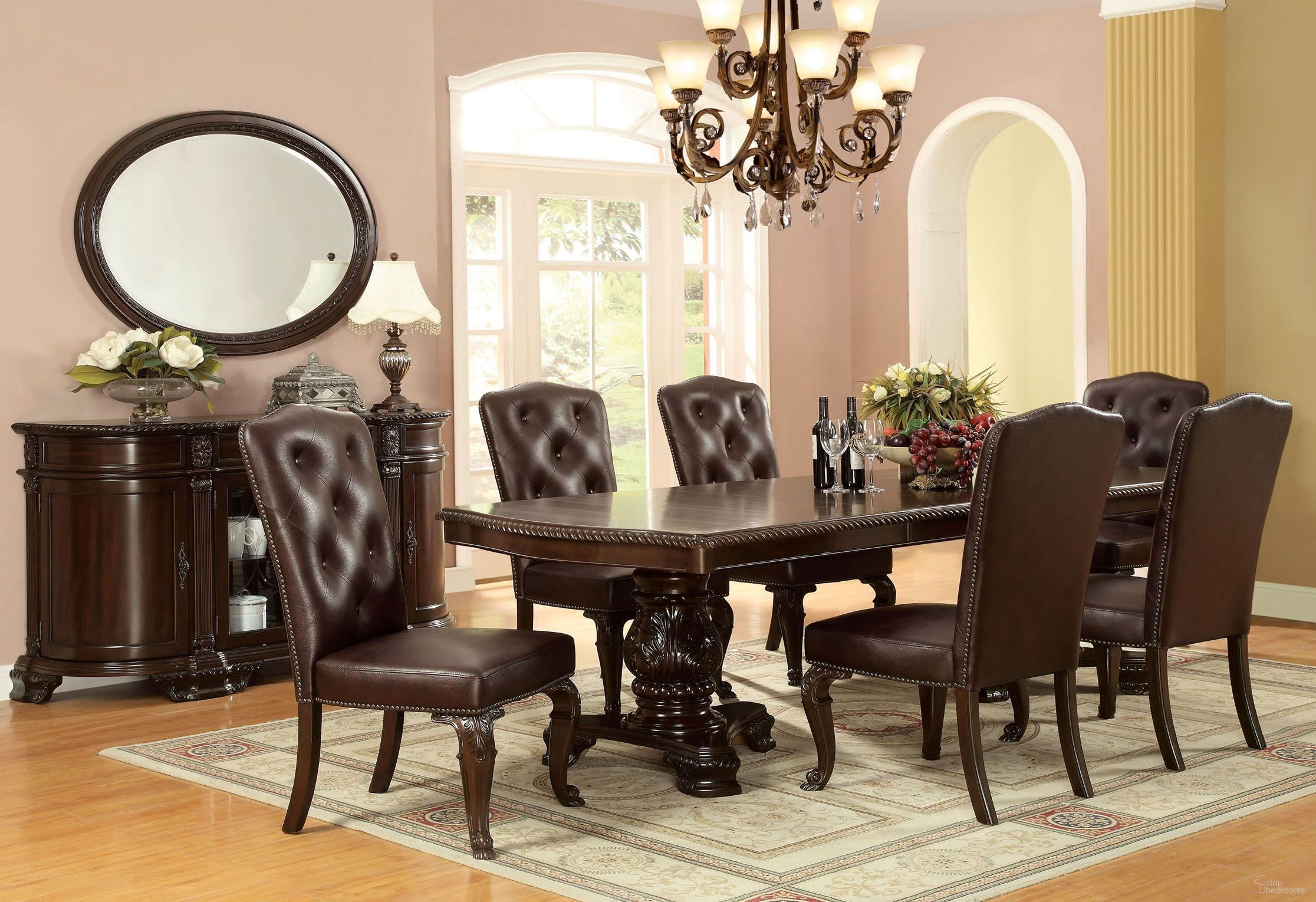 The appearance of Bellagio Brown Cherry Rectangular Extendable Pedestal Dining Room Set designed by Furniture of America in the traditional interior design. This brown piece of furniture  was selected by 1StopBedrooms from Bellagio Collection to add a touch of cosiness and style into your home. Sku: CM3319T-T;CM3319T-B;CM3319W-SC-2PK. Table Base Style: Double Pedestal. Material: Wood. Table Top Shape: Rectangular. Size: 108" x 44".