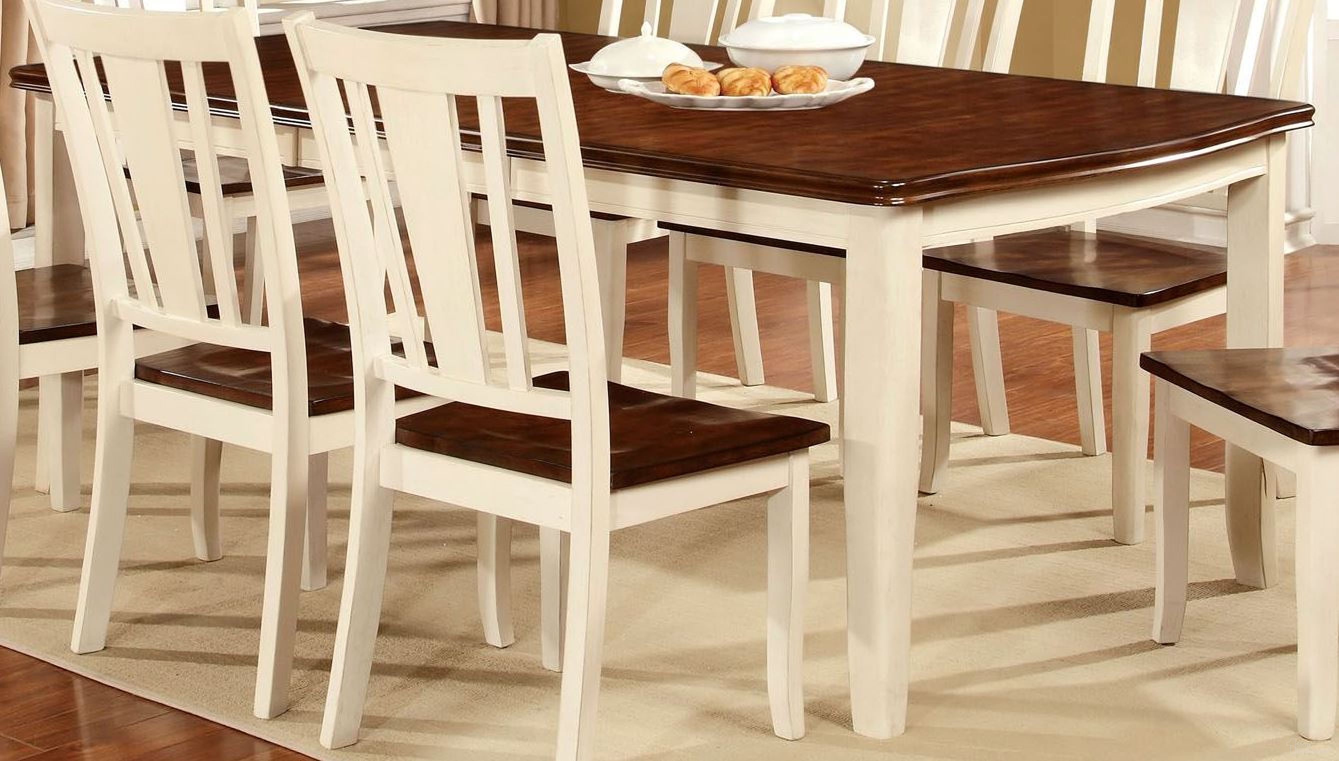 The appearance of Dover Vintage White and Cherry Rectangular Extendable Leg Dining Table designed by Furniture of America in the rustic / southwestern interior design. This cherry and white piece of furniture  was selected by 1StopBedrooms from Dover Collection to add a touch of cosiness and style into your home. Sku: CM3326WC-T. Table Base Style: Legs. Material: Wood. Table Top Shape: Rectangular. Size: 78" x 42".
