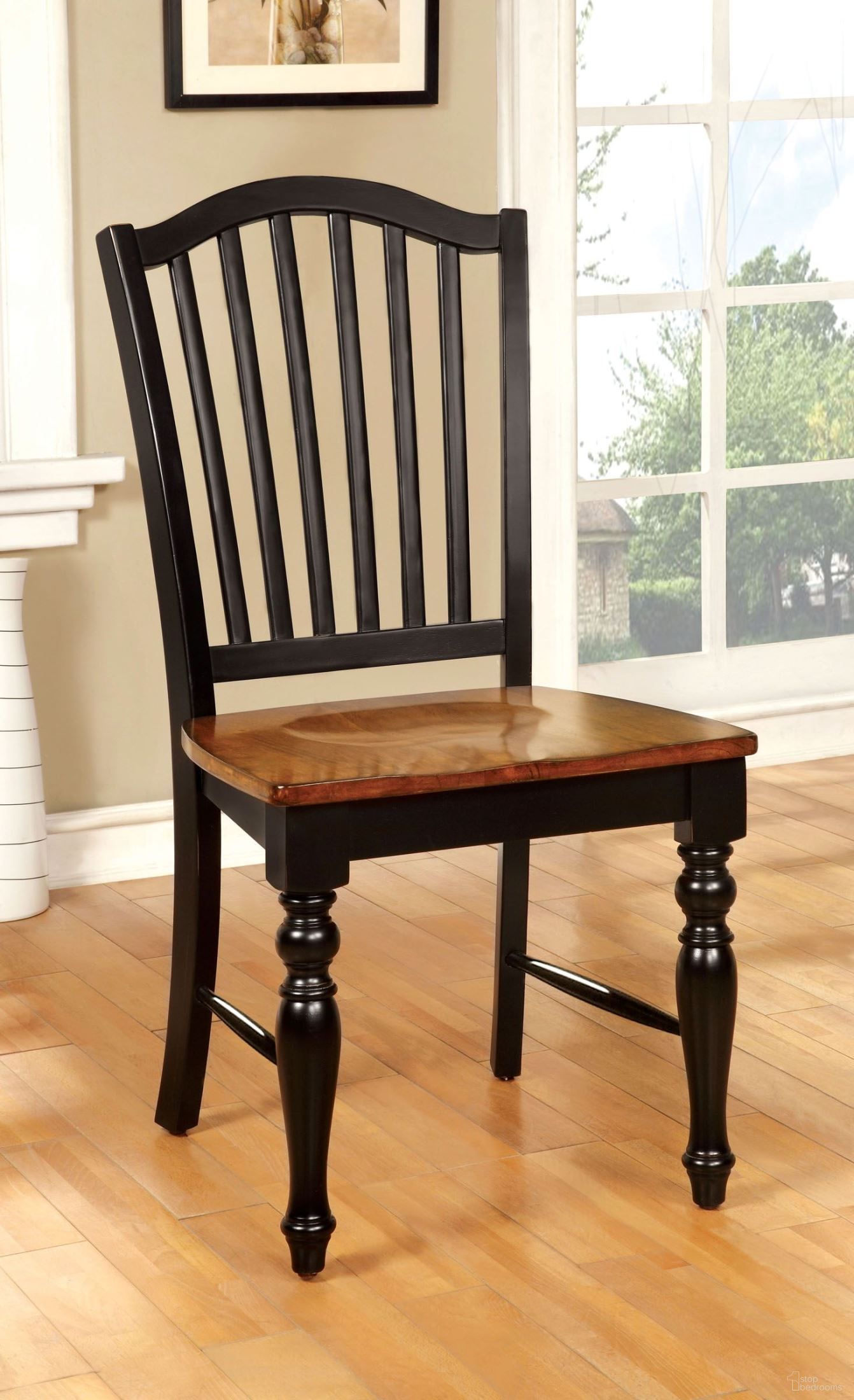 The appearance of Mayville Black and Antique Oak Side Chair Set of 2 designed by Furniture of America in the country / farmhouse interior design. This black piece of furniture  was selected by 1StopBedrooms from Mayville Collection to add a touch of cosiness and style into your home. Sku: CM3431SC-2PK. Material: Wood. Chair Type: Side Chair.