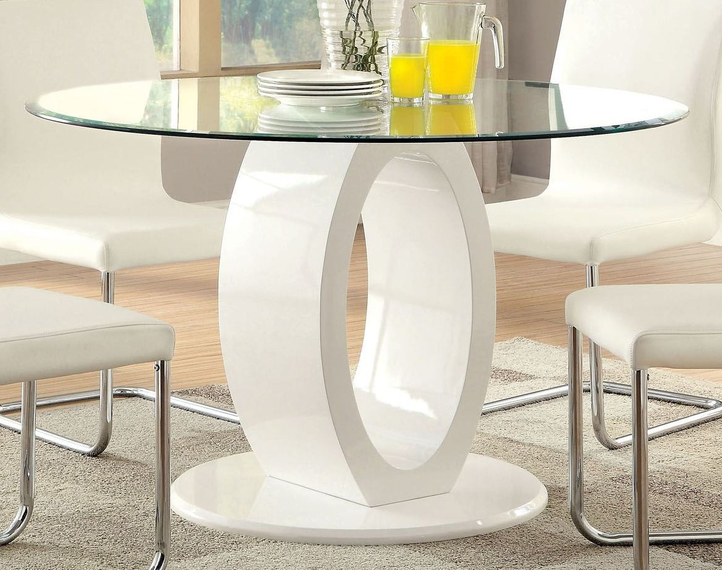 The appearance of Lodia I White Glass Top Round Pedestal Dining Table designed by Furniture of America in the modern / contemporary interior design. This white piece of furniture was selected by 1StopBedrooms from Lodia Collection to add a touch of cosiness and style into your home. Sku: CM3825WH-RT-1;CM3825WH-RT-2. Table Base Style: Pedestal. Table Top Shape: Round. Size: 48". Material: Tempered Glass.