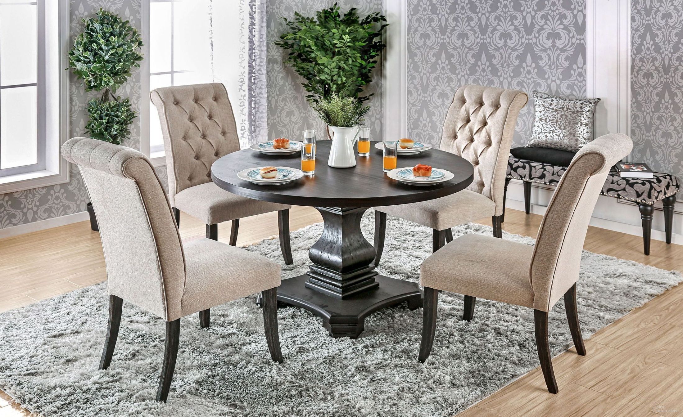 The appearance of Nerissa Antique Black Round Dining Room Set designed by Furniture of America in the transitional interior design. This black piece of furniture was selected by 1StopBedrooms from Nerissa Collection to add a touch of cosiness and style into your home. Sku: CM3840RT-1;CM3840RT-2;CM3564SC-2PK. Table Base Style: Pedestal. Table Top Shape: Round. Material: Wood. Size: 48".
