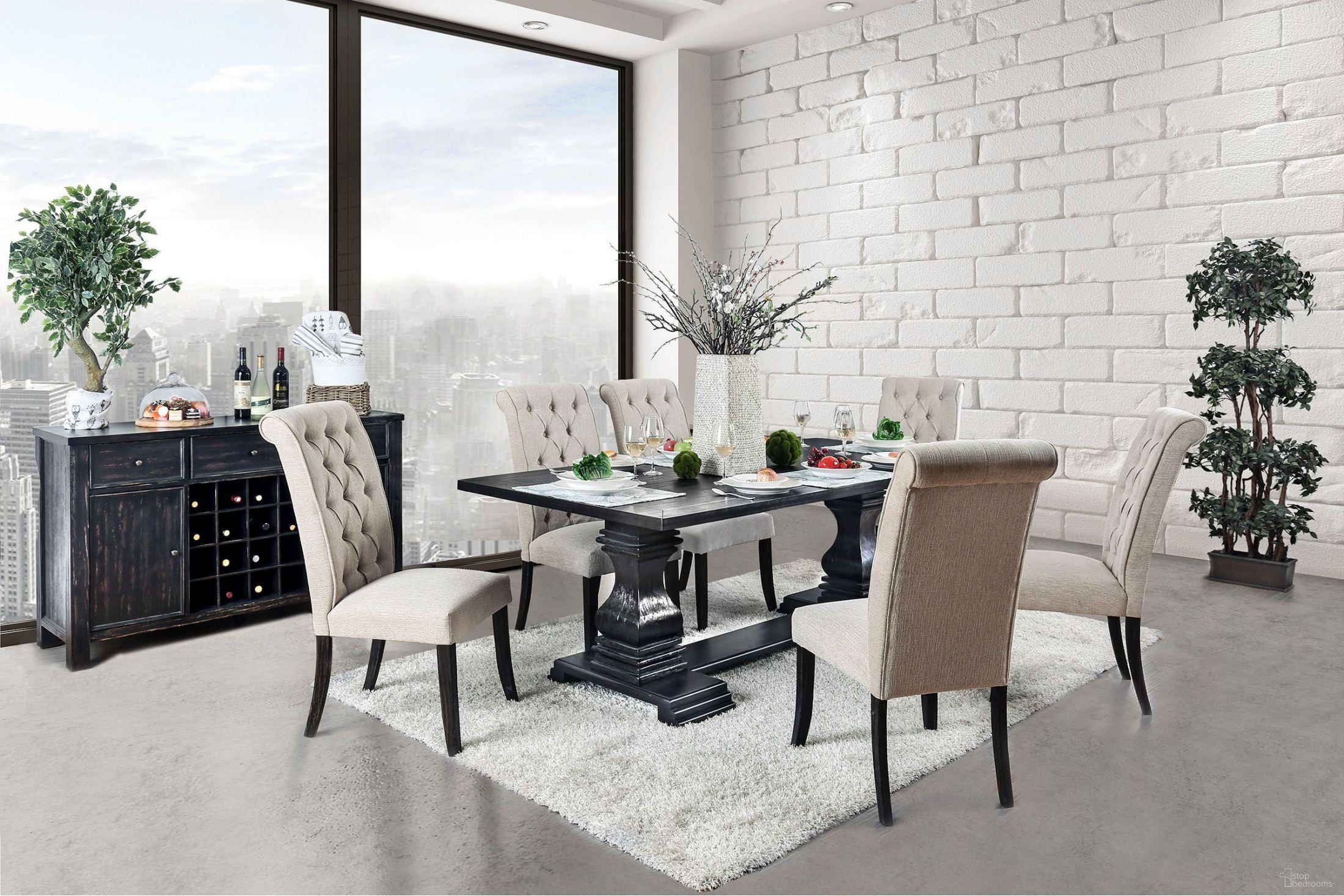 The appearance of Nerissa Antique Black Dining Room Set designed by Furniture of America in the transitional interior design. This black piece of furniture was selected by 1StopBedrooms from Nerissa Collection to add a touch of cosiness and style into your home. Sku: CM3840T-1;CM3840T-2;CM3564SC-2PK. Table Base Style: Trestle. Material: Wood. Table Top Shape: Rectangular. Size: 42" x 84".
