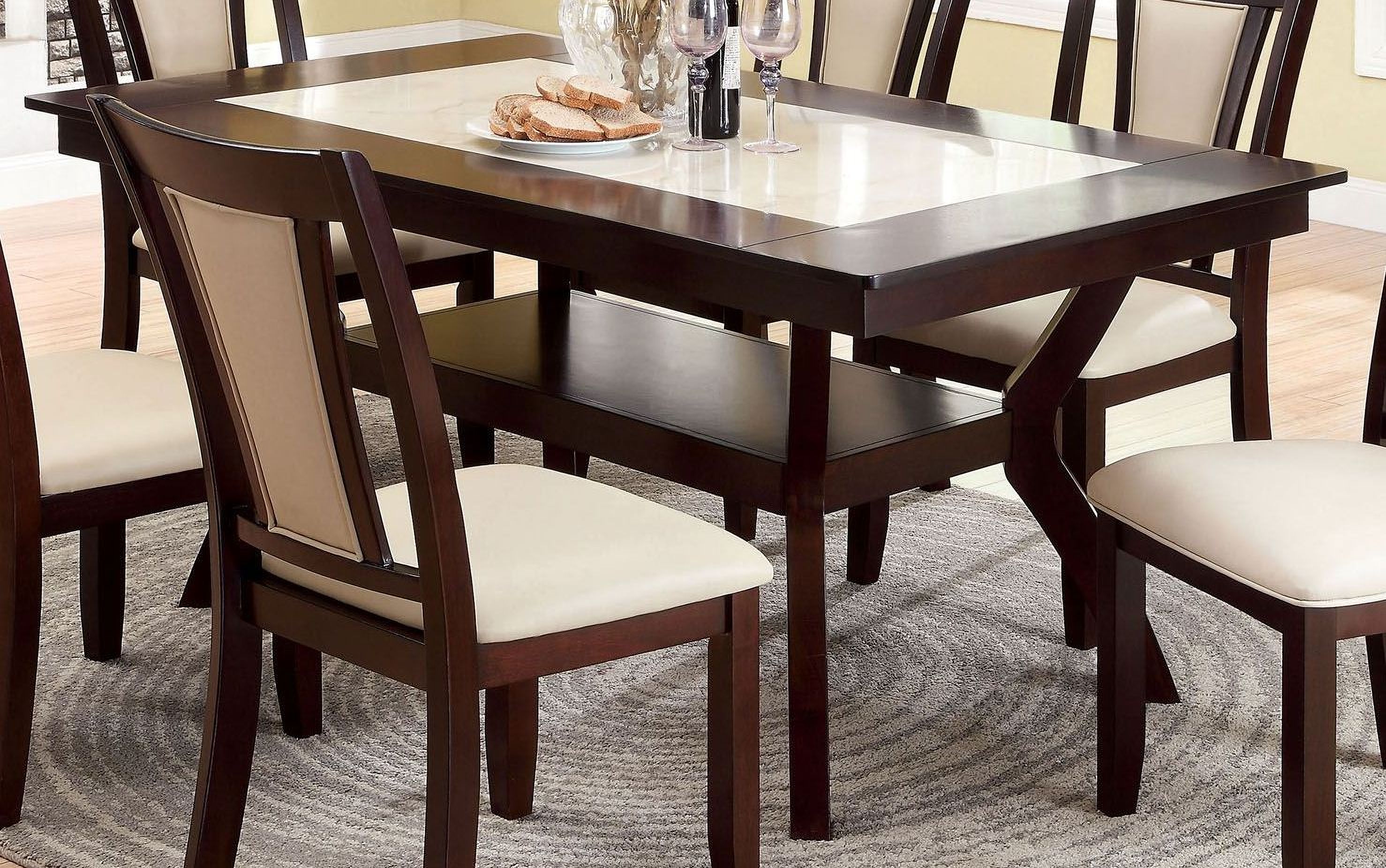 The appearance of Brent Dark Cherry Faux Marble Insert Rectangular Trestle Dining Table designed by Furniture of America in the modern / contemporary interior design. This brown piece of furniture  was selected by 1StopBedrooms from Brent Collection to add a touch of cosiness and style into your home. Sku: CM3984T. Table Base Style: Trestle. Material: Wood. Table Top Shape: Rectangular. Size: 64" x 38".