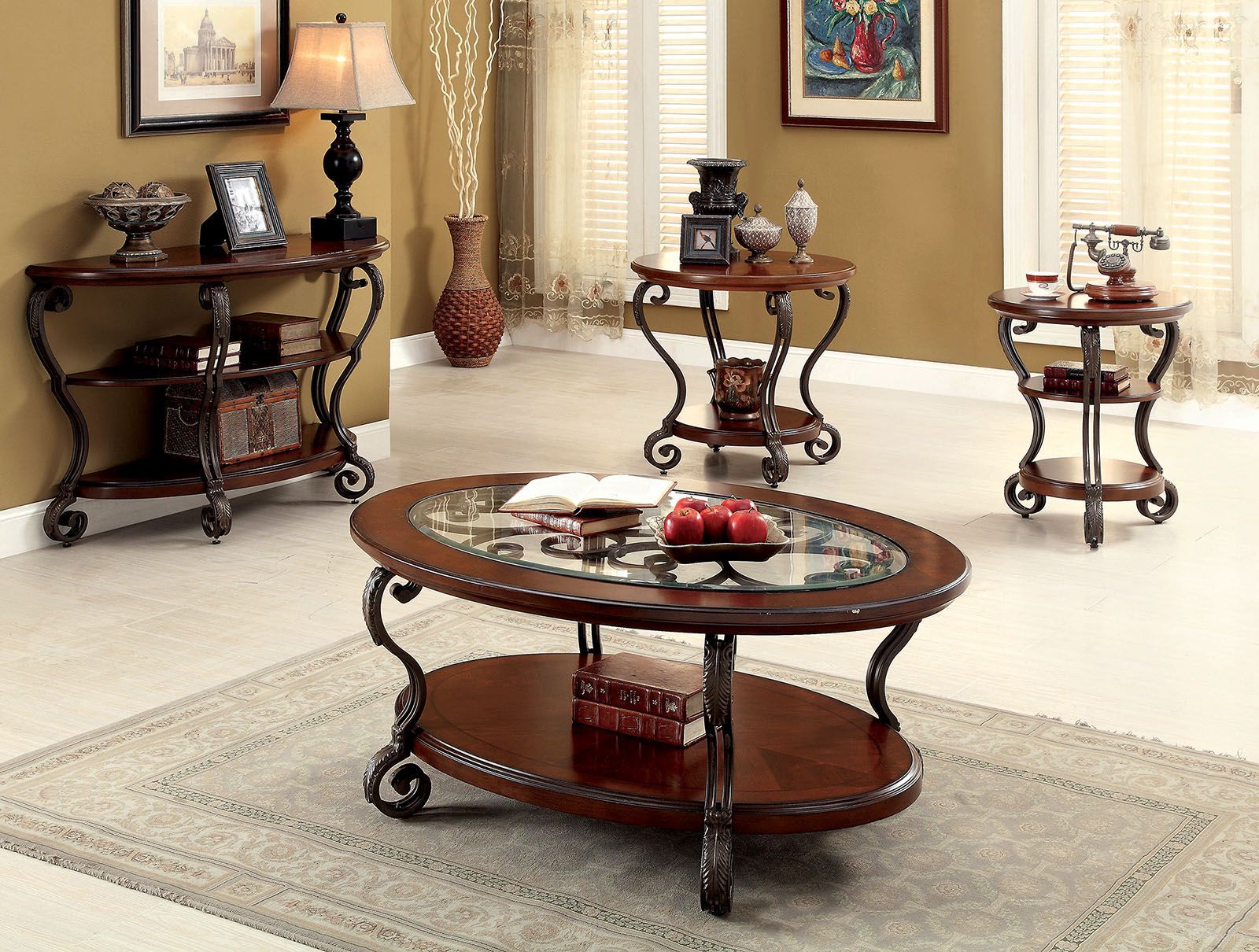 The appearance of May Brown Cherry Occasional Table Set designed by Furniture of America in the transitional interior design. This brown piece of furniture  was selected by 1StopBedrooms from May Collection to add a touch of cosiness and style into your home. Sku: CM4326C;CM4326E. Material: Glass.