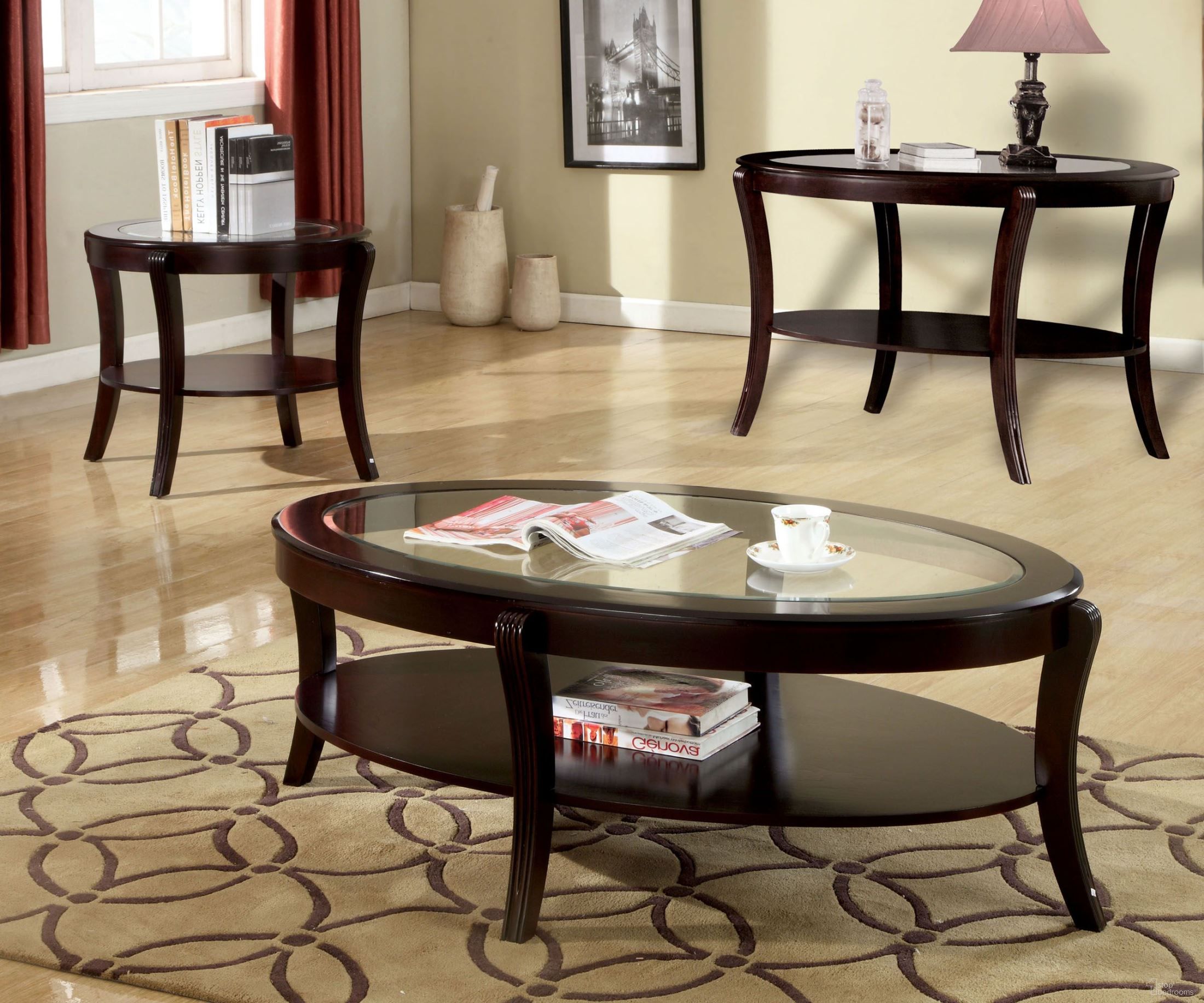The appearance of Finley Espresso Occasional Table Set designed by Furniture of America in the modern / contemporary interior design. This brown piece of furniture  was selected by 1StopBedrooms from Finley Collection to add a touch of cosiness and style into your home. Sku: CM4488C;CM4488E. Material: Glass.