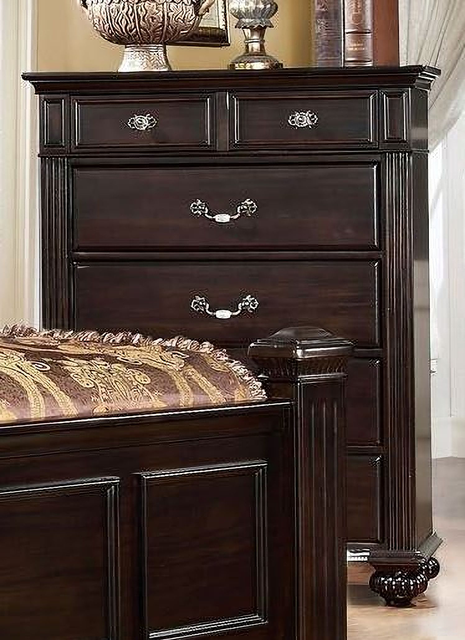 The appearance of Syracuse Dark Walnut Chest designed by Furniture of America in the transitional interior design. This brown piece of furniture  was selected by 1StopBedrooms from Syracuse Collection to add a touch of cosiness and style into your home. Sku: CM7129C. Material: Wood.