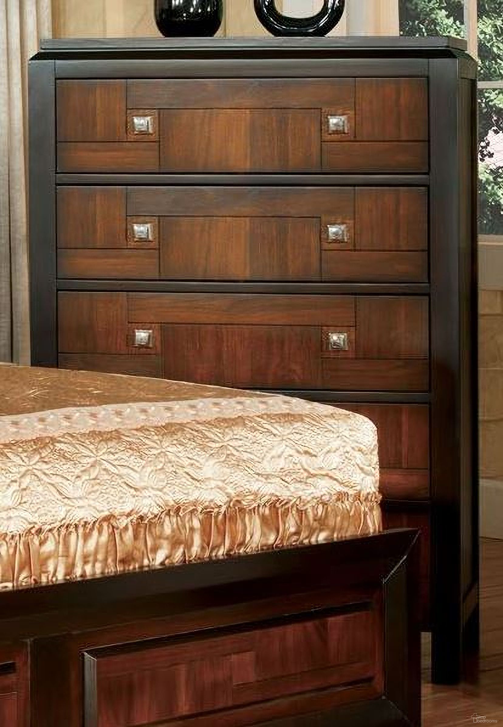 The appearance of Patra Acacia and Walnut Chest designed by Furniture of America in the transitional interior design. This walnut piece of furniture was selected by 1StopBedrooms from Patra Collection to add a touch of cosiness and style into your home. Sku: CM7152C. Material: Wood.