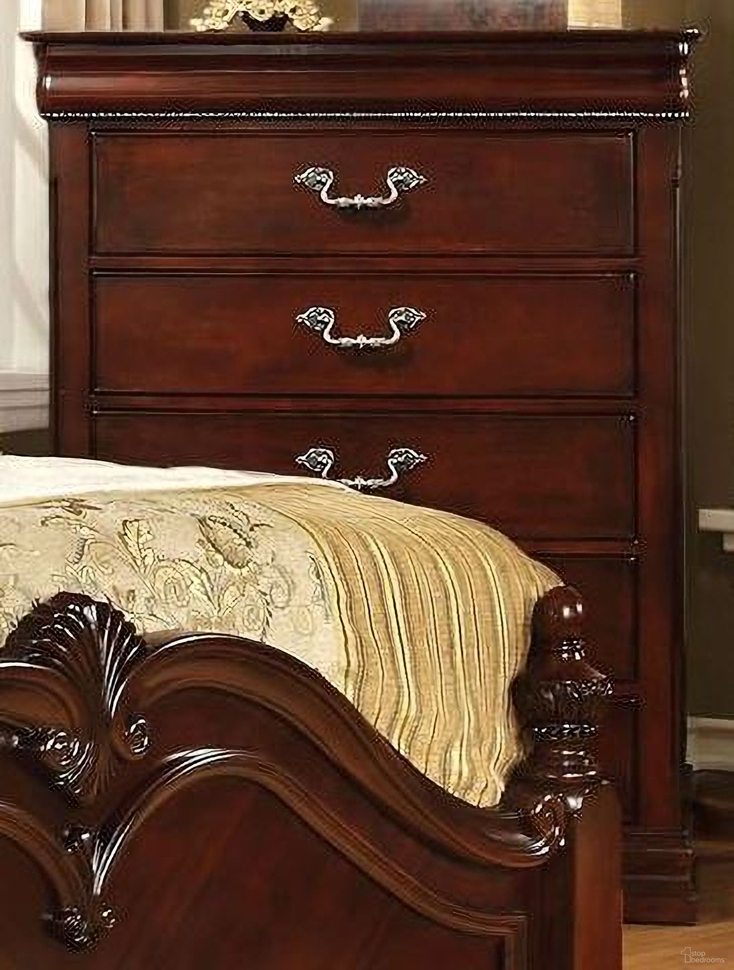The appearance of Mandura Cherry Chest designed by Furniture of America in the modern / contemporary interior design. This brown piece of furniture  was selected by 1StopBedrooms from Mandura Collection to add a touch of cosiness and style into your home. Sku: CM7260C. Material: Wood.