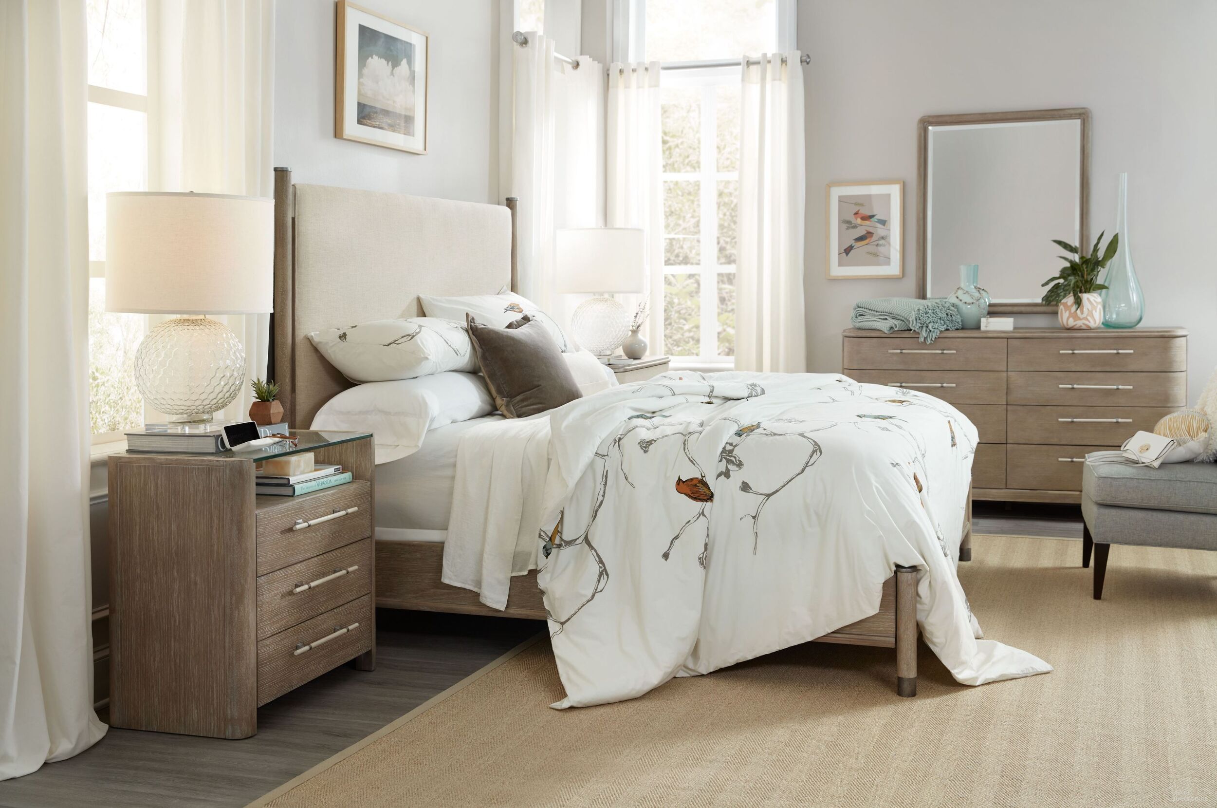 The appearance of Affinity Gray Upholstered Panel Bedroom Set designed by Hooker in the transitional interior design. This gray piece of furniture was selected by 1StopBedrooms from Affinity Collection to add a touch of cosiness and style into your home. Sku: 6050-90852-GRY;6050-90853-GRY;6050-90951-GRY;6050-90016-GRY. Material: Fabric. Bed Size: Queen. Bed Type: Upholstered Bed.