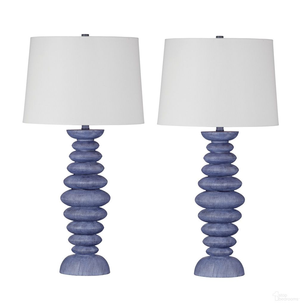 Coastal 31 Inch Tall Sculptural Table Lamp Set of 2 with Linen Shades In Blue and White