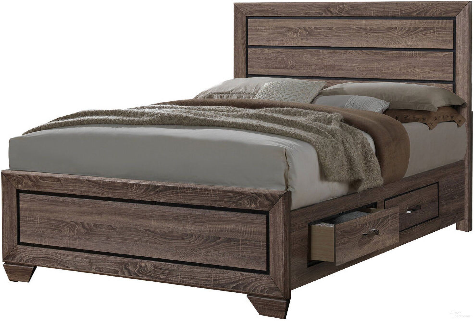 The appearance of Kauffman California King Storage Bed Washed Taupe designed by Coaster in the transitional interior design. This taupe piece of furniture  was selected by 1StopBedrooms from Kauffman Collection to add a touch of cosiness and style into your home. Sku: 204190KWB1;204190KWB2;204190KWB3;204190KWB4. Bed Type: Storage Bed. Material: Wood. Bed Size: California King.