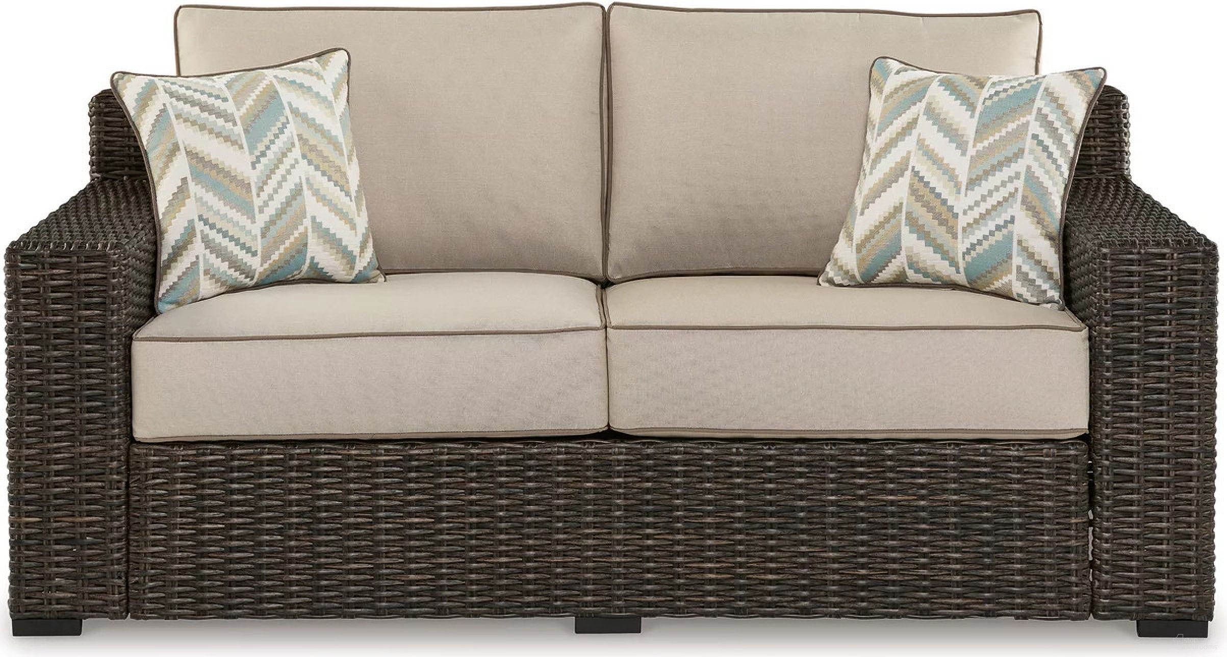 The appearance of Coastline Bay Outdoor Loveseat With Cushion In Brown designed by Signature Design by Ashley in the transitional interior design. This brown piece of furniture was selected by 1StopBedrooms from Coastline Bay Collection to add a touch of cosiness and style into your home. Sku: P784-835. Material: Fabric.