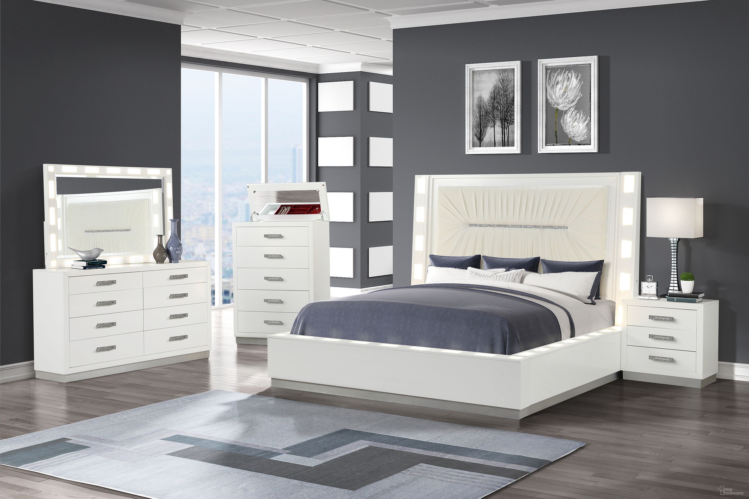 The appearance of Coco 5 Piece LED King Bedroom Set In Milky White designed by Galaxy Home Furnishings in the modern / contemporary interior design. This milky white piece of furniture  was selected by 1StopBedrooms from Coco Collection to add a touch of cosiness and style into your home. Sku: 659436126374;659436431553;659436145337;659436367449-1;659436367449-2;659436367449-3;659436367449-4;659436351721. Material: Wood. Bed Size: King.