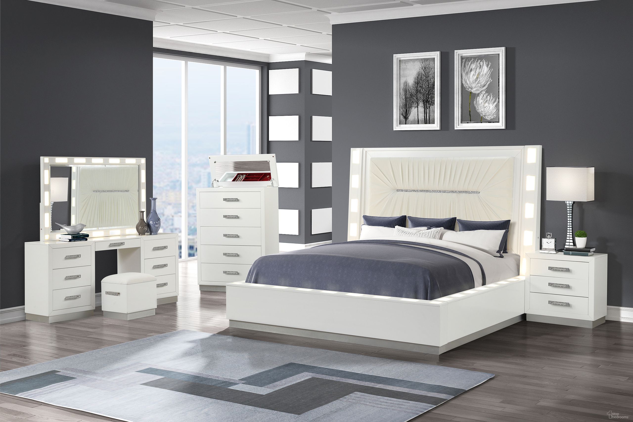 The appearance of Coco 5 Piece LED Vanity King Bedroom Set In Milky White designed by Galaxy Home Furnishings in the modern / contemporary interior design. This milky white piece of furniture  was selected by 1StopBedrooms from Coco Collection to add a touch of cosiness and style into your home. Sku: 659436145337;659436044777-1;659436044777-2;659436044777-3;659436044777-4;659436044777-5;659436367449-1;659436367449-2;659436367449-3;659436367449-4;659436351721. Material: Wood. Bed Size: King.