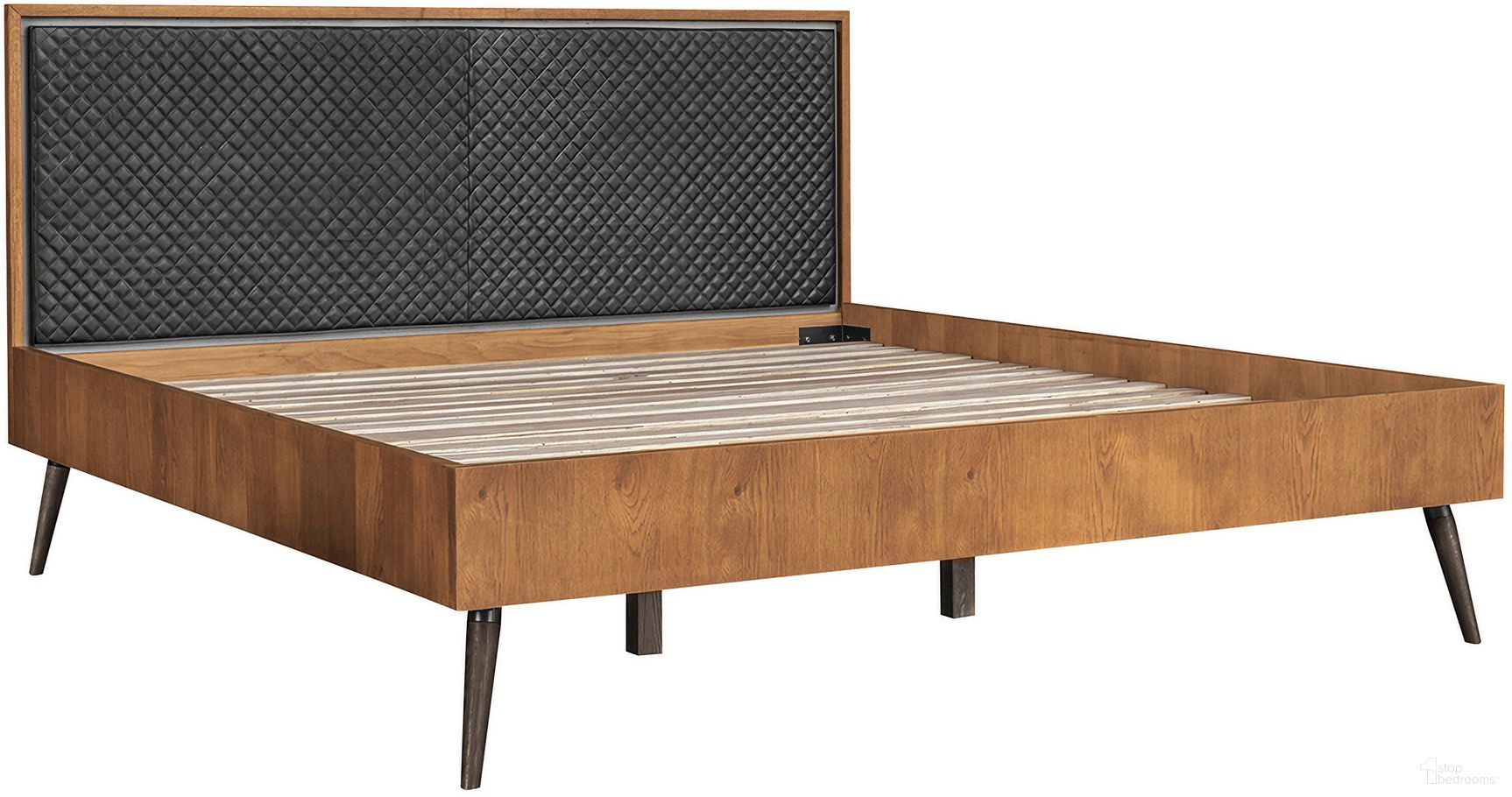 The appearance of Coco Rustic Oak Wood Upholstered Faux Leather King Platform Bed designed by Armen Living in the modern / contemporary interior design. This black piece of furniture was selected by 1StopBedrooms from Coco Collection to add a touch of cosiness and style into your home. Sku: LCCOBDBALKGBX1;LCCOBDBALKGBX2. Bed Type: Platform Bed. Material: Wood. Bed Size: King.