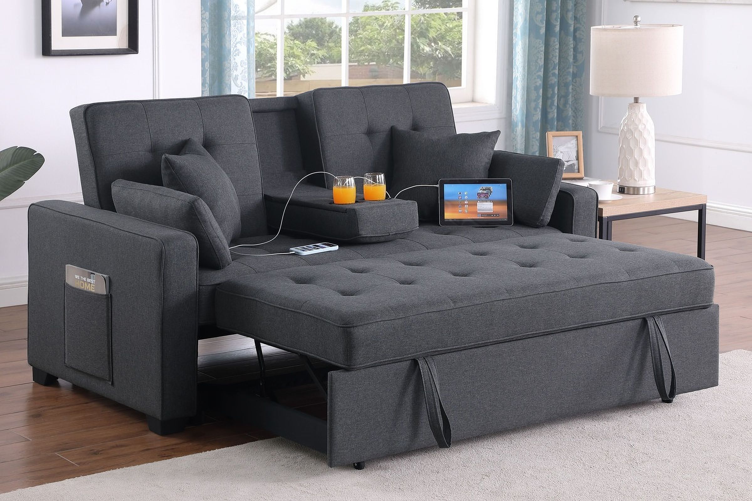 The appearance of Cody II 70"W Linen Convertible Sleeper Loveseat In Dark Gray designed by Lilola Home in the modern / contemporary interior design. This dark gray piece of furniture was selected by 1StopBedrooms from Cody II Collection to add a touch of cosiness and style into your home. Sku: V83083-L;V83083-ARM. Material: Linen.