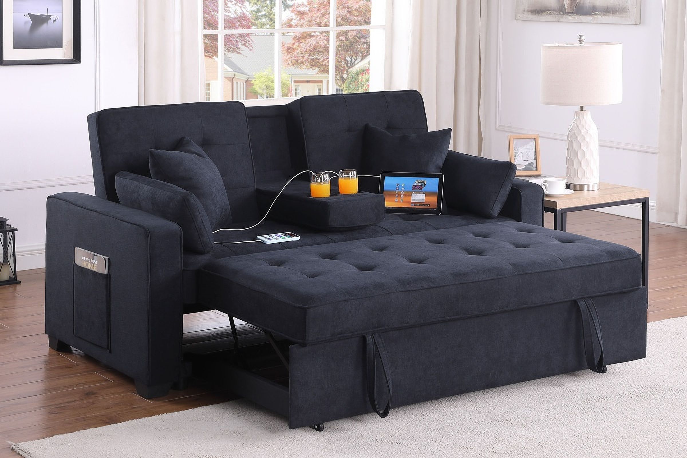 The appearance of Cody II 70"W Woven Fabric Convertible Sleeper Loveseat In Dark Gray designed by Lilola Home in the modern / contemporary interior design. This dark gray piece of furniture  was selected by 1StopBedrooms from Cody II Collection to add a touch of cosiness and style into your home. Sku: V83080-L;V83080-ARM. Material: Woven.