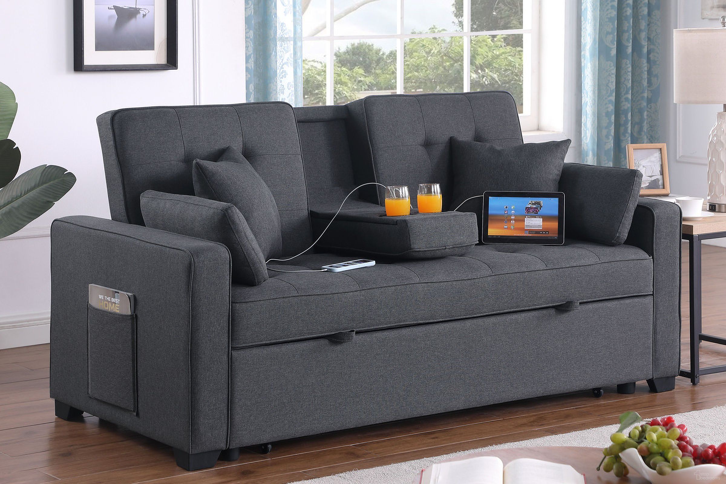 The appearance of Cody II 69.5 Inch Linen Convertible Sleeper Loveseat with Cup Holder In Dark Gray designed by Lilola Home in the modern / contemporary interior design. This dark gray piece of furniture  was selected by 1StopBedrooms from Cody Collection to add a touch of cosiness and style into your home. Sku: 83083-L;83083-ARM. Material: Fabric.