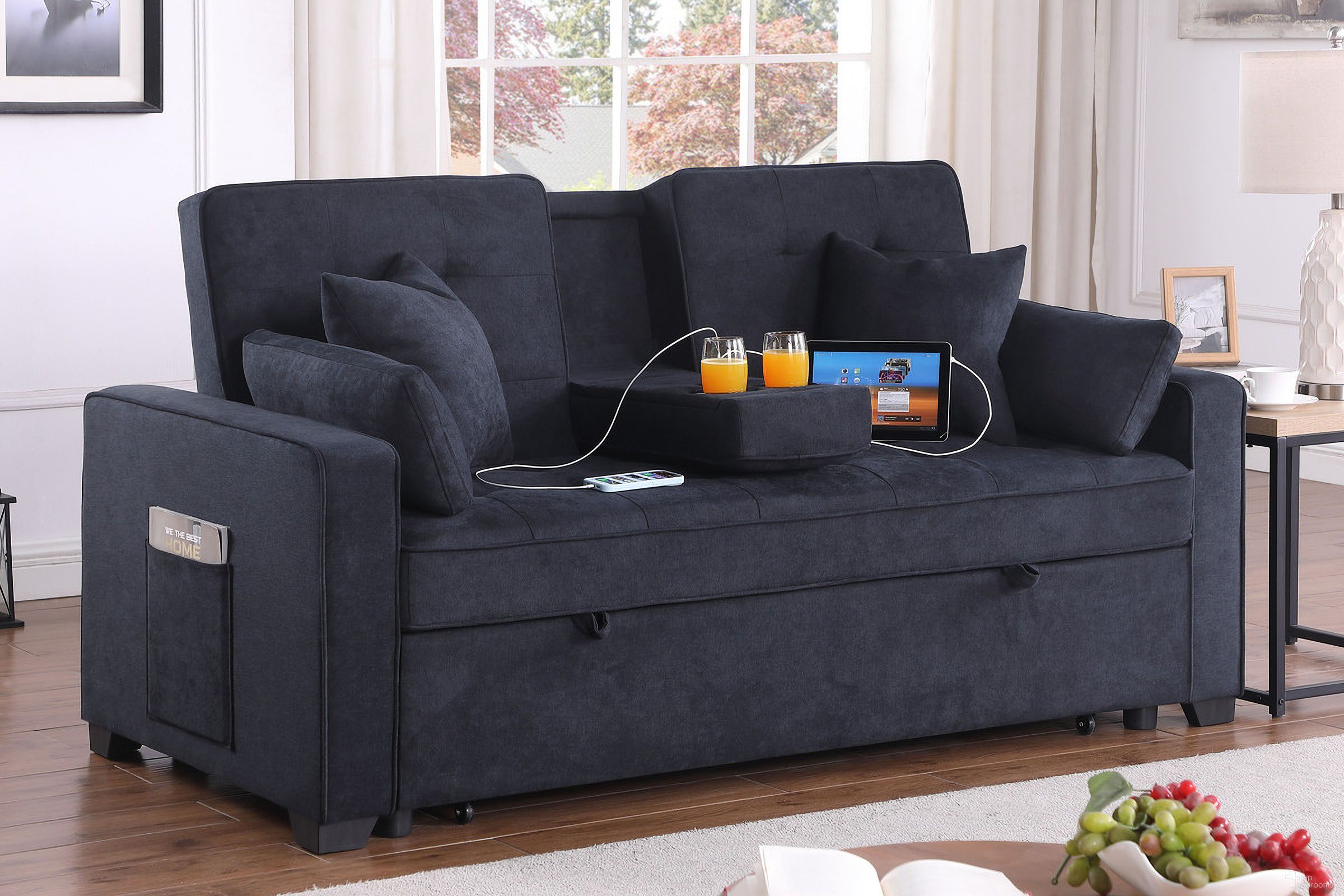 The appearance of Cody II 69.5 Inch Woven Fabric Convertible Sleeper Loveseat with Cup Holder In Dark Gray designed by Lilola Home in the modern / contemporary interior design. This dark grey piece of furniture was selected by 1StopBedrooms from Cody Collection to add a touch of cosiness and style into your home. Sku: 83080-L;83080-ARM. Material: Fabric.