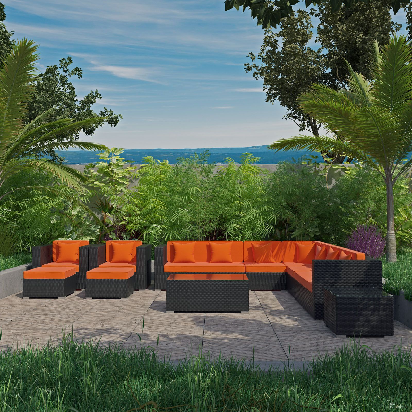 The appearance of Cohesion 11 Piece Outdoor Patio Sectional Set In Espresso and Orange designed by Modway in the modern / contemporary interior design. This espresso/orange piece of furniture was selected by 1StopBedrooms from Cohesion Collection to add a touch of cosiness and style into your home. Sku: EEI-723-EXP-ORA-N-1;EEI-723-EXP-ORA-N-2;EEI-723-EXP-ORA-N-3;EEI-723-EXP-ORA-N-4;EEI-723-EXP-ORA-N-5;EEI-723-YC-GLASS-1;EEI-723-YC-GLASS-2. Material: Aluminum.