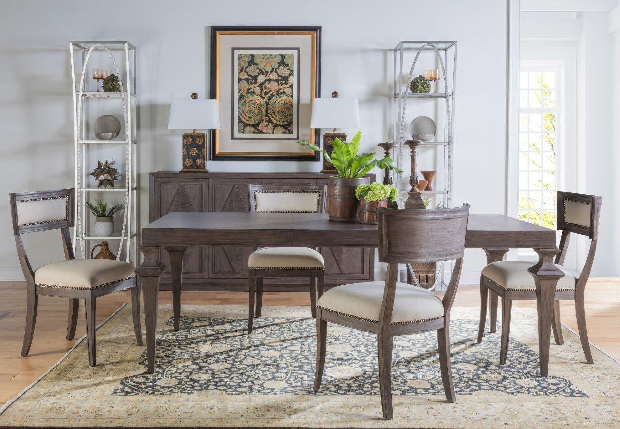 The appearance of Cohesion Program Antico Brussels Rectangular Extendable Dining Room Set designed by Artistica Home in the transitional interior design. This antico piece of furniture was selected by 1StopBedrooms from Cohesion Program Collection to add a touch of cosiness and style into your home. Sku: 2226-877-39;2000-880-39-01. Table Base Style: Legs. Material: Wood. Table Top Shape: Rectangular. Size: 43" x 63".