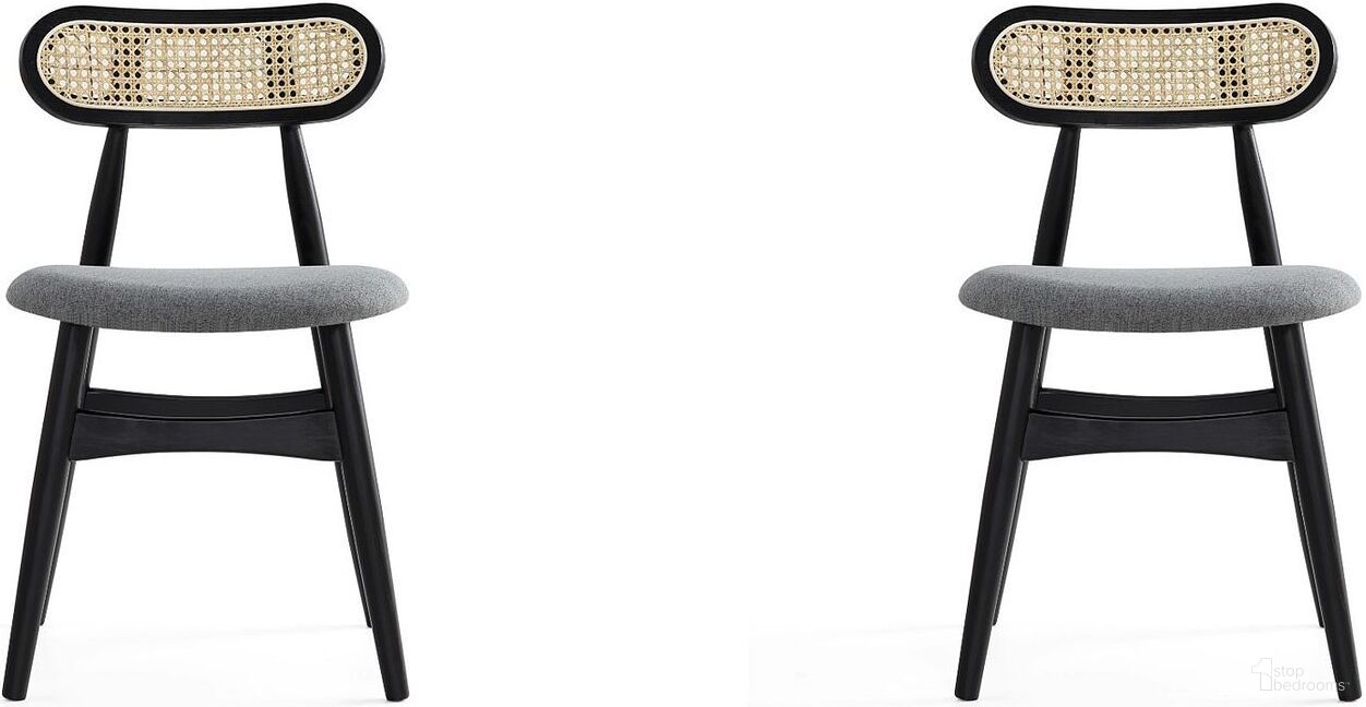 The appearance of Colbert Dining Chair In Black And Cane With Grey Upholstered Seating Set of 2 designed by Manhattan Comfort in the industrial interior design. This black and grey piece of furniture was selected by 1StopBedrooms from Colbert Collection to add a touch of cosiness and style into your home. Sku: DCCA02-GY. Material: Wood. Chair Type: Side Chair.