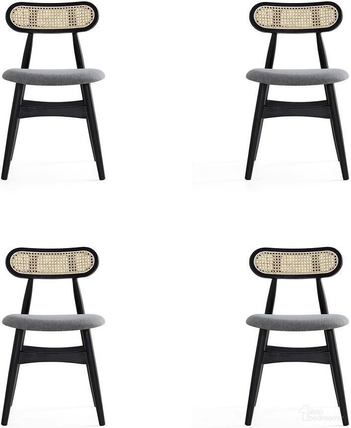 The appearance of Colbert Dining Chair In Black And Cane With Grey Upholstered Seating Set of 4 designed by Manhattan Comfort in the industrial interior design. This black and grey piece of furniture was selected by 1StopBedrooms from Colbert Collection to add a touch of cosiness and style into your home. Sku: DCCA02-GY;DCCA02-GY. Material: Wood. Chair Type: Side Chair.