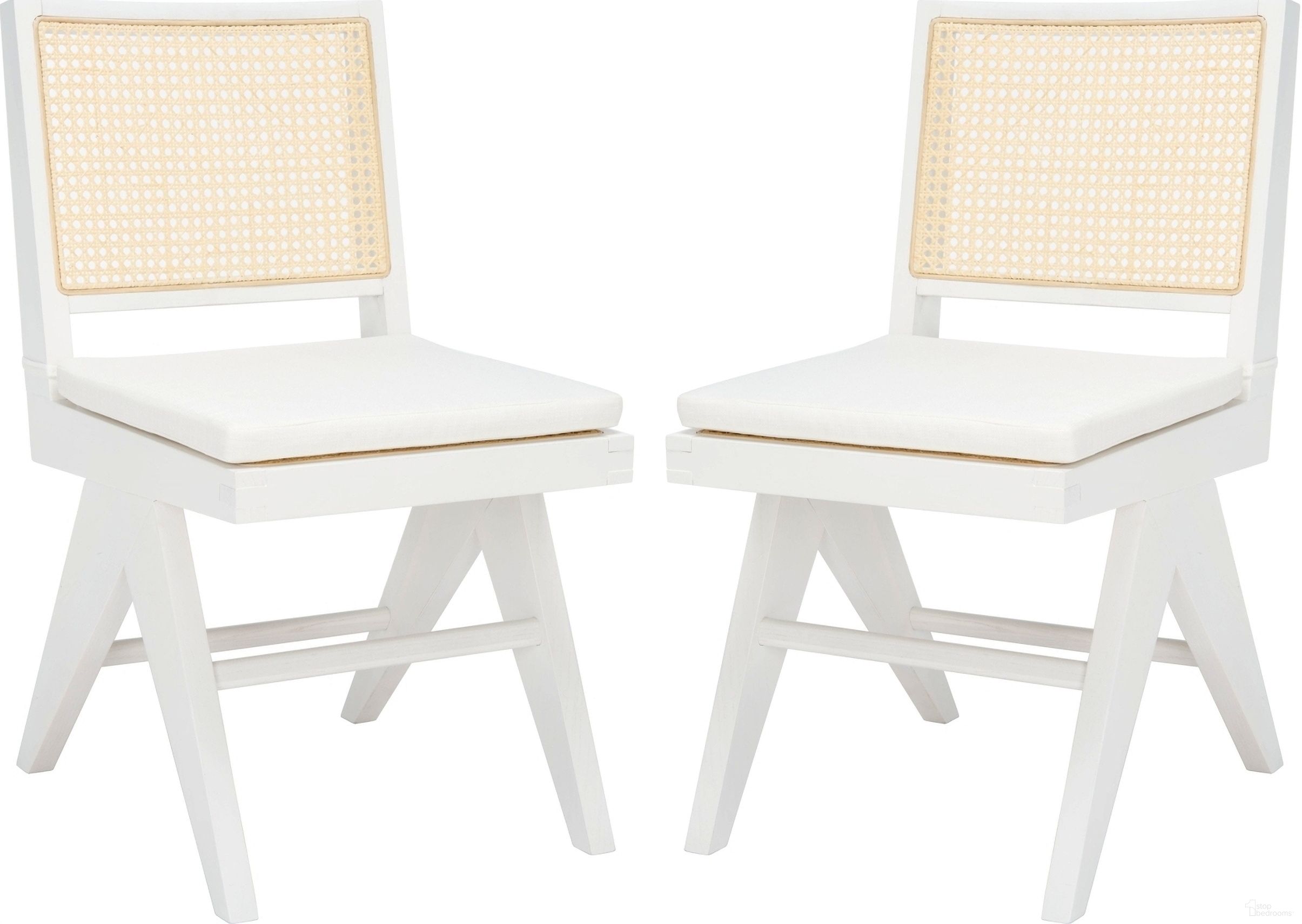 The appearance of Colette Rattan Dining Chair Set of 2 In White and Natural designed by Safavieh Couture in the modern / contemporary interior design. This white/natural piece of furniture  was selected by 1StopBedrooms from Colette Collection to add a touch of cosiness and style into your home. Sku: SFV4132C-SET2. Material: Ash. Chair Type: Side Chair.