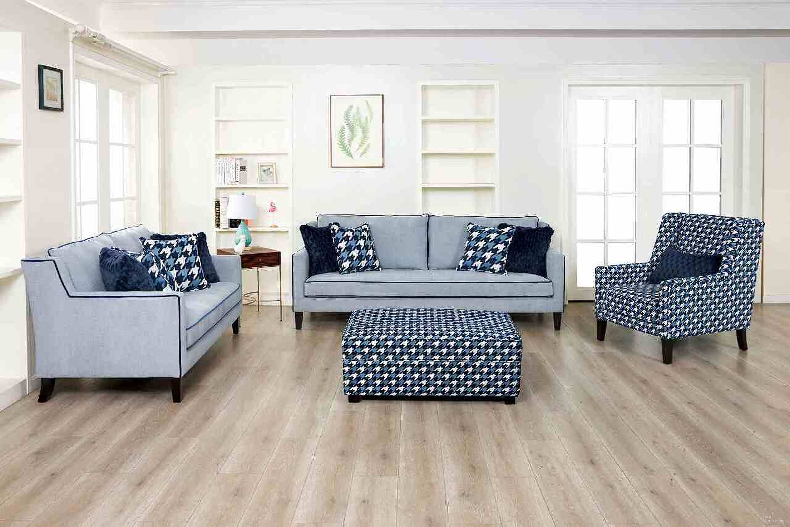 The appearance of Colindale Living Room Set In Gray and Blue designed by Furniture of America in the transitional interior design. This gray/blue piece of furniture  was selected by 1StopBedrooms from Colindale Collection to add a touch of cosiness and style into your home. Sku: FM61111BL-SF;FM61111BL-LV. Material: Engineered Wood.