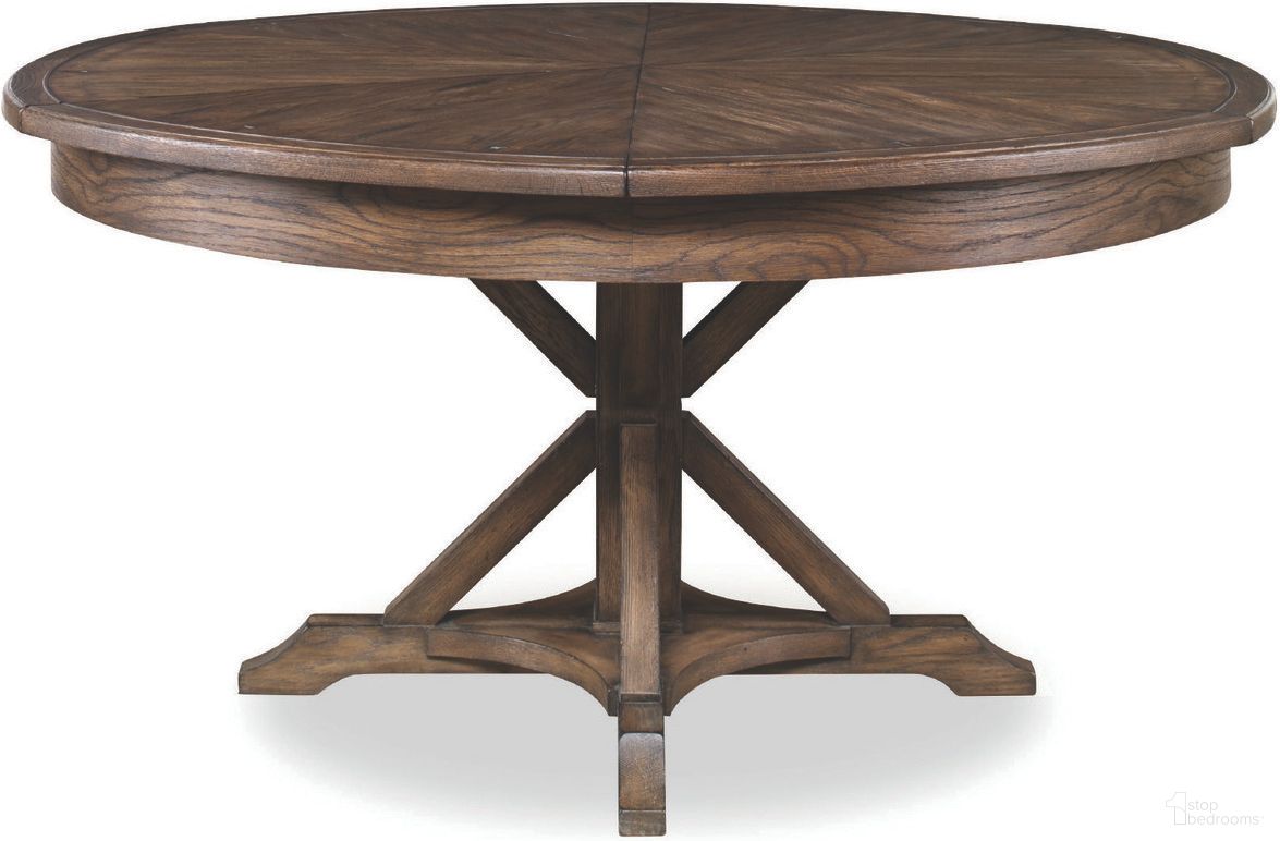 The appearance of Collin Expandable Dining Table In Rustic Brown designed by Century Furniture in the rustic / southwestern interior design. This rustic brown piece of furniture was selected by 1StopBedrooms from Monarch Collection to add a touch of cosiness and style into your home. Sku: MN5863B;MN5863T. Table Base Style: Pedestal. Table Top Shape: Round. Size: 74". Material: Solid Oak.