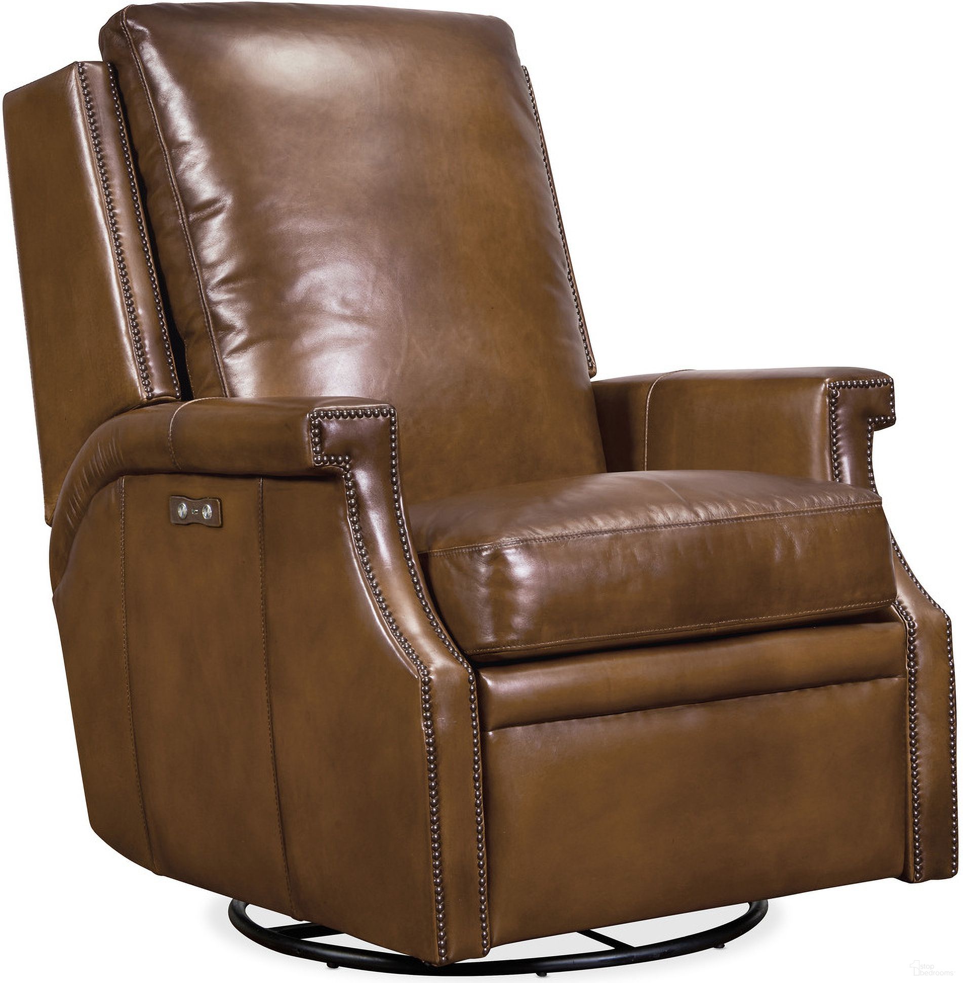 The appearance of Collin Power Swivel Glider Brown Recliner designed by Hooker in the traditional interior design. This brown piece of furniture was selected by 1StopBedrooms from RC Collection to add a touch of cosiness and style into your home. Sku: RC379-PSWGL-083. Material: Leather.