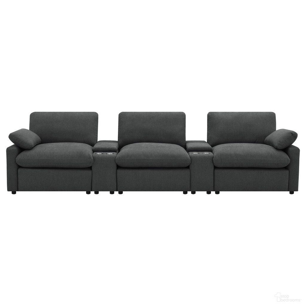 The appearance of Collins 5-Piece Power Reclining Home Theater Seating In Dark Grey designed by Coaster in the transitional interior design. This dark grey piece of furniture  was selected by 1StopBedrooms from Collins Collection to add a touch of cosiness and style into your home. Sku: 609530ARP;609530CON;609530CON;609530LRP;609530RRP. Material: Polyester.