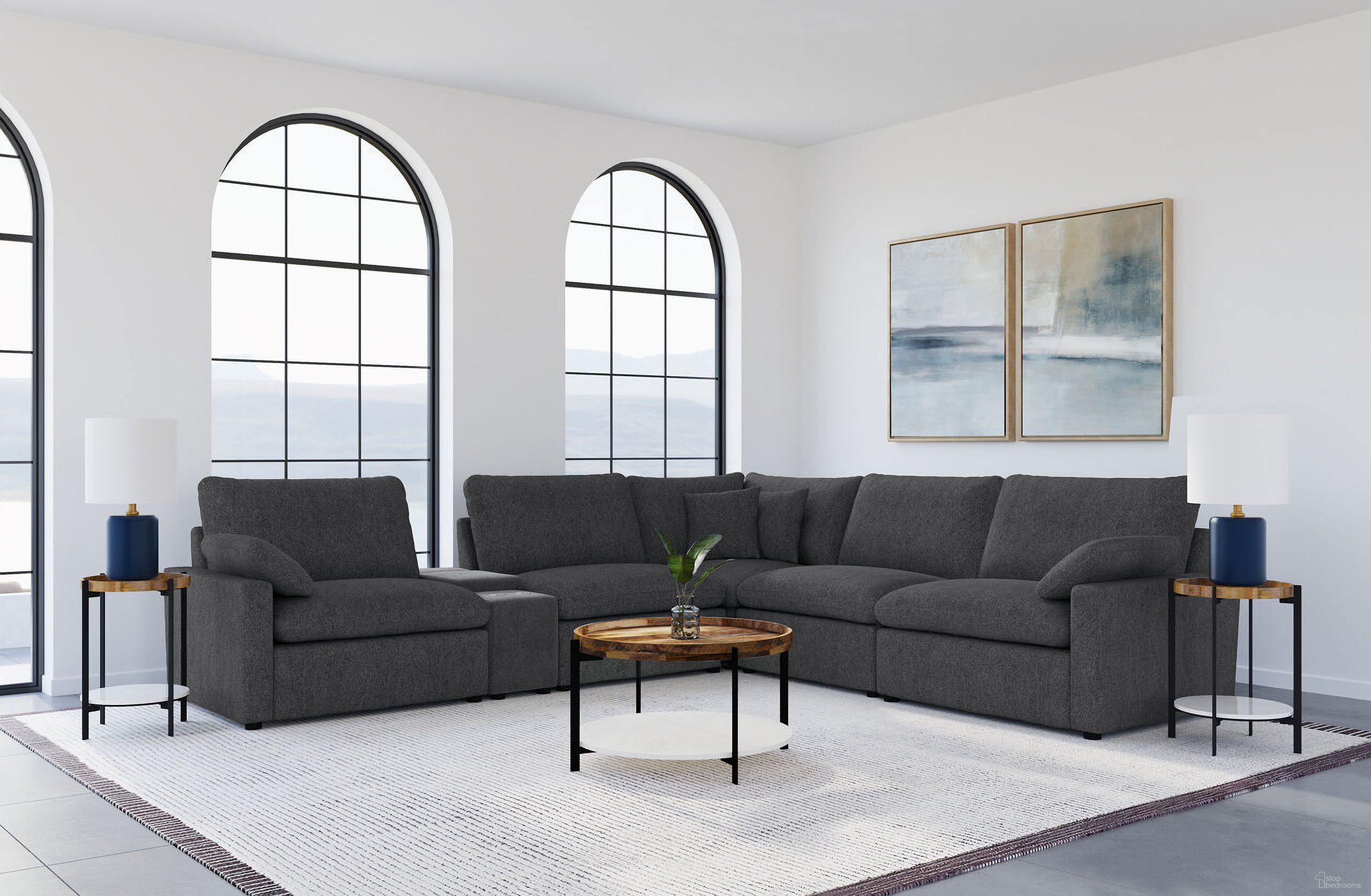 The appearance of Collins 6-piece Modular Power Reclining Sectional In Dark Grey designed by Coaster in the transitional interior design. This dark grey piece of furniture  was selected by 1StopBedrooms from Collins Collection to add a touch of cosiness and style into your home. Sku: 609530AC;609530ARP;609530CON;609530CRN;609530LRP;609530RRP. Material: Fabric.