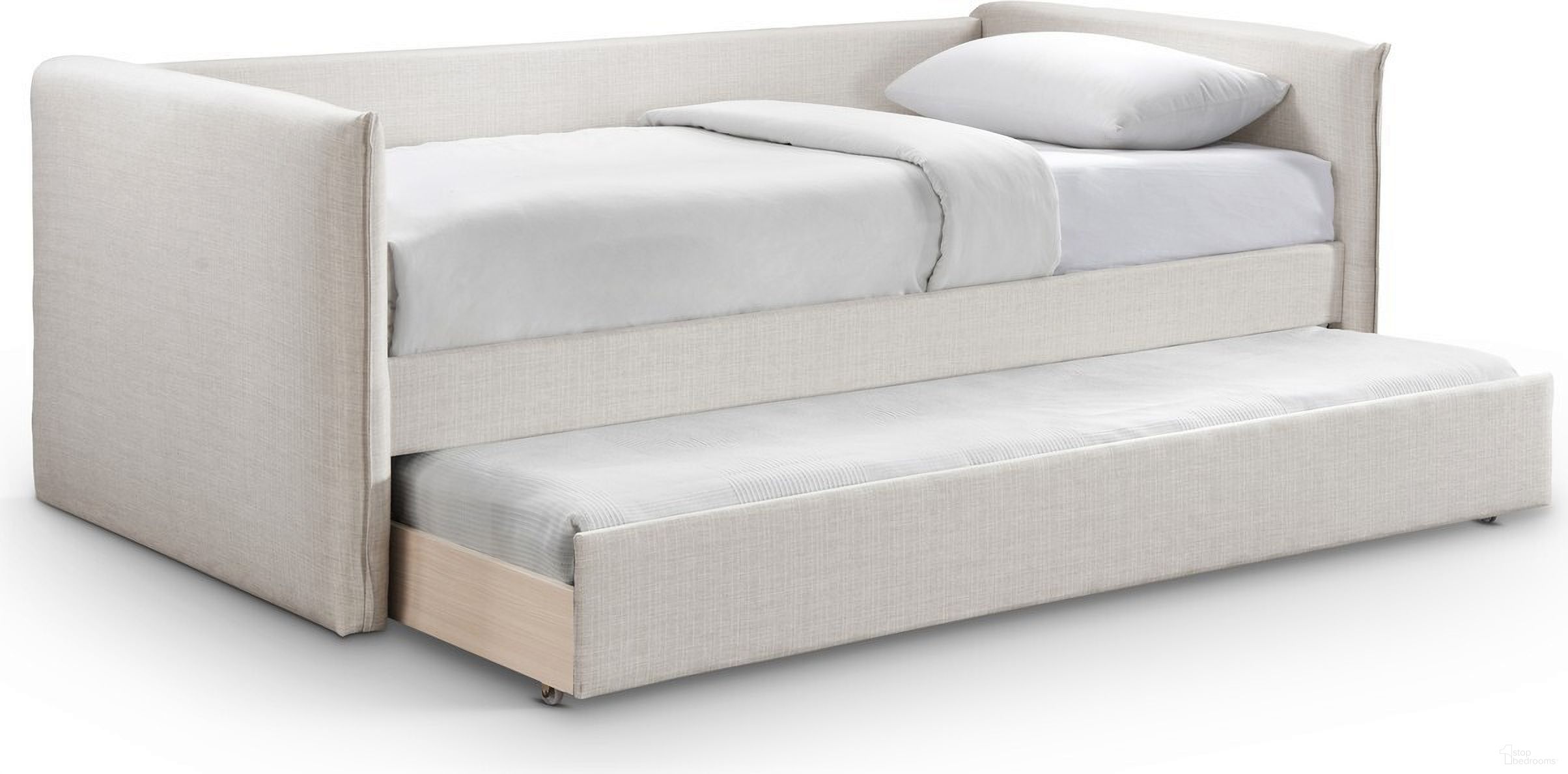 The appearance of Colton Linen Textured Fabric Twin Daybed In Cream designed by Meridian in the modern / contemporary interior design. This cream piece of furniture was selected by 1StopBedrooms from Colton Collection to add a touch of cosiness and style into your home. Sku: ColtonCream-T Box 1/2 (Side Arms / Slats / Trundle Panel);ColtonCream-T Box 2/2 (Back / Side Rail). Bed Type: Daybed. Material: Wood. Bed Size: Twin.