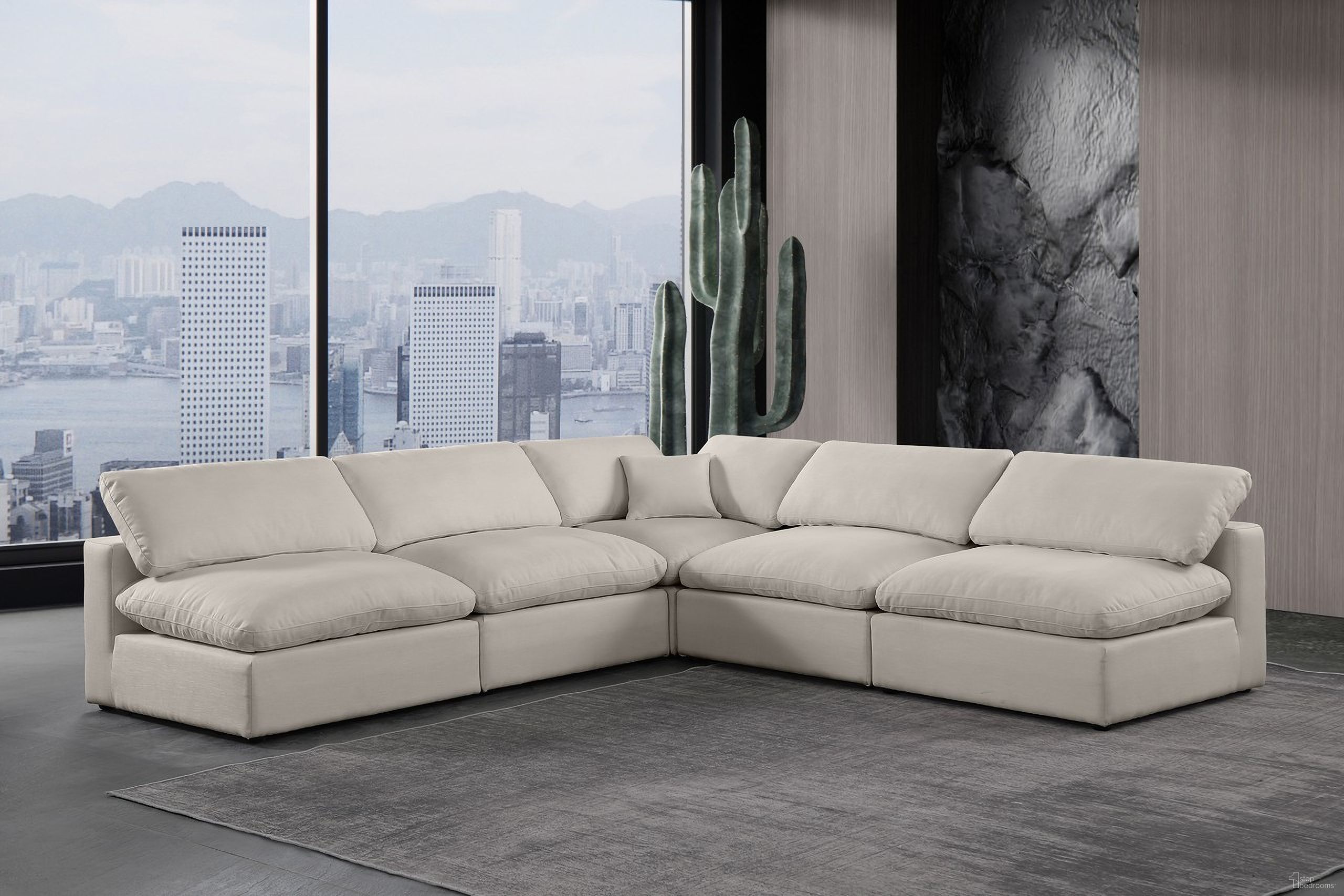 The appearance of Comfy Linen Textured Fabric 5 Piece Modular Sectional In Beige designed by Meridian in the modern / contemporary interior design. This beige piece of furniture  was selected by 1StopBedrooms from Comfy Collection to add a touch of cosiness and style into your home. Sku: 187Beige-Armless;187Beige-Armless;187Beige-Armless;187Beige-Armless;187Beige-Corner. Material: Linen. Layout: Modular.