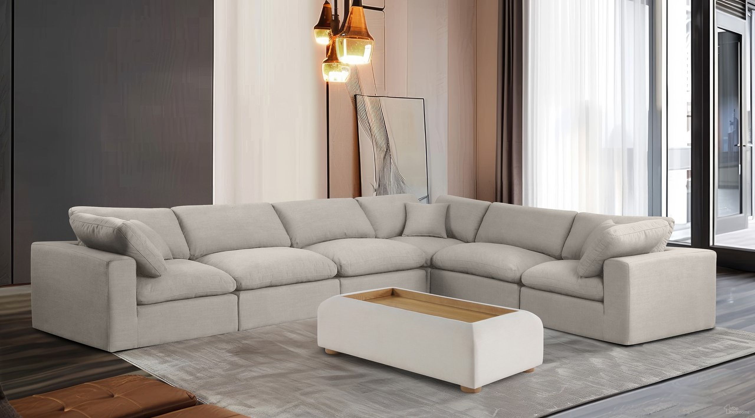 The appearance of Comfy Linen Textured Fabric 6 Piece Modular Sectional In Beige designed by Meridian in the modern / contemporary interior design. This beige piece of furniture  was selected by 1StopBedrooms from Comfy Collection to add a touch of cosiness and style into your home. Sku: 187Beige-Armless;187Beige-Armless;187Beige-Armless;187Beige-Corner;187Beige-Corner;187Beige-Corner. Material: Linen. Layout: Modular.