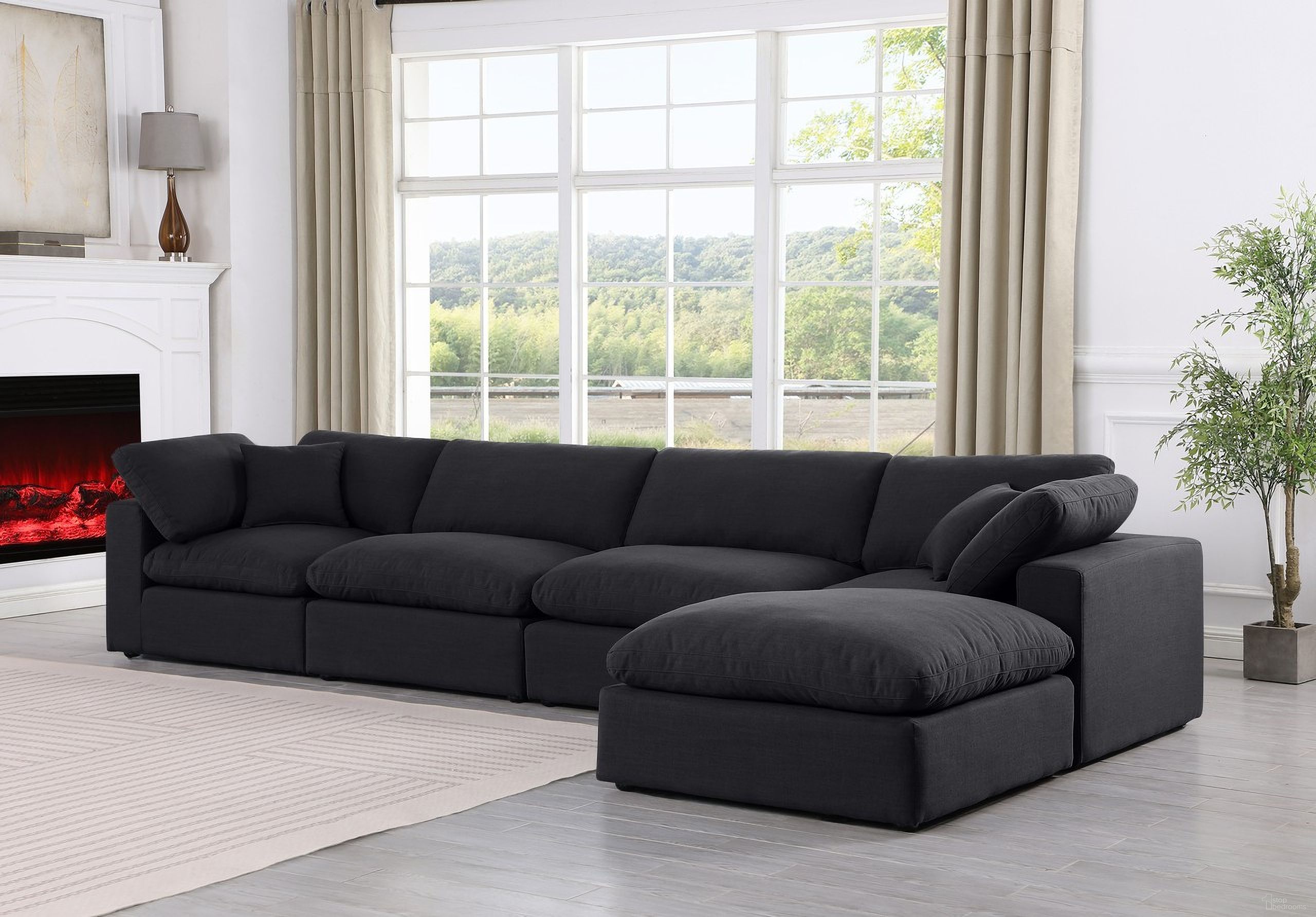 Comfy Linen Textured Fabric 5 Piece Modular Sectional In Black