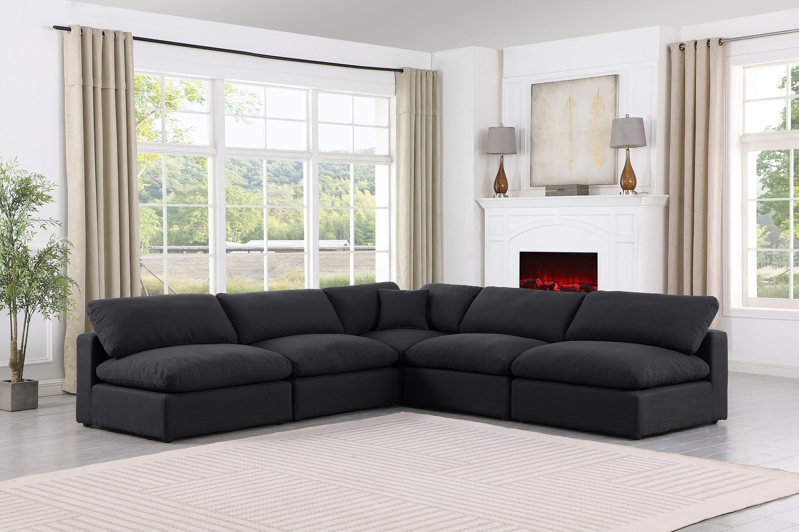 The appearance of Comfy Linen Textured Fabric 5 Piece Modular Sectional In Black designed by Meridian in the modern / contemporary interior design. This black piece of furniture was selected by 1StopBedrooms from Comfy Collection to add a touch of cosiness and style into your home. Sku: 187Black-Armless;187Black-Armless;187Black-Armless;187Black-Armless;187Black-Corner. Material: Linen. Layout: Modular.
