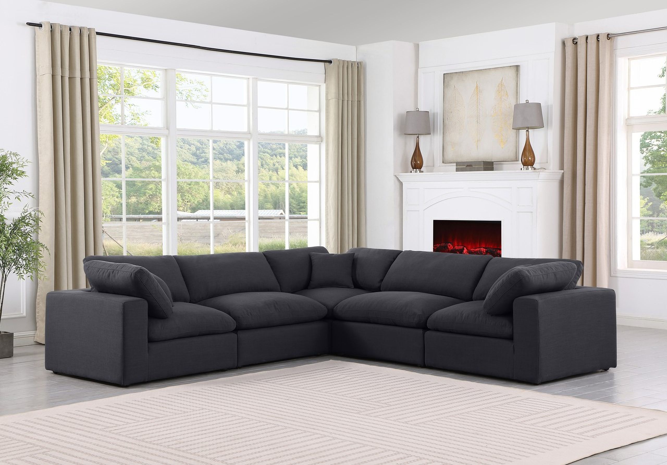 The appearance of Comfy Linen Textured Fabric 5 Piece Modular Sectional In Black designed by Meridian in the modern / contemporary interior design. This black piece of furniture was selected by 1StopBedrooms from Comfy Collection to add a touch of cosiness and style into your home. Sku: 187Black-Armless;187Black-Armless;187Black-Corner;187Black-Corner;187Black-Corner. Material: Linen. Layout: Modular.