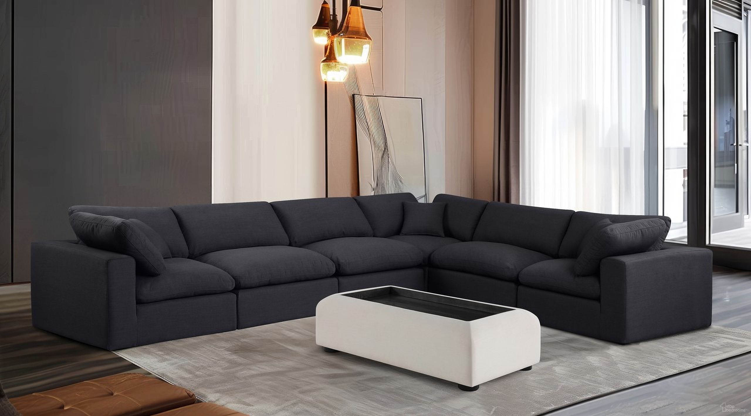 The appearance of Comfy Linen Textured Fabric 6 Piece Modular Sectional In Black designed by Meridian in the modern / contemporary interior design. This black piece of furniture was selected by 1StopBedrooms from Comfy Collection to add a touch of cosiness and style into your home. Sku: 187Black-Armless;187Black-Armless;187Black-Armless;187Black-Corner;187Black-Corner;187Black-Corner. Material: Linen. Layout: Modular.