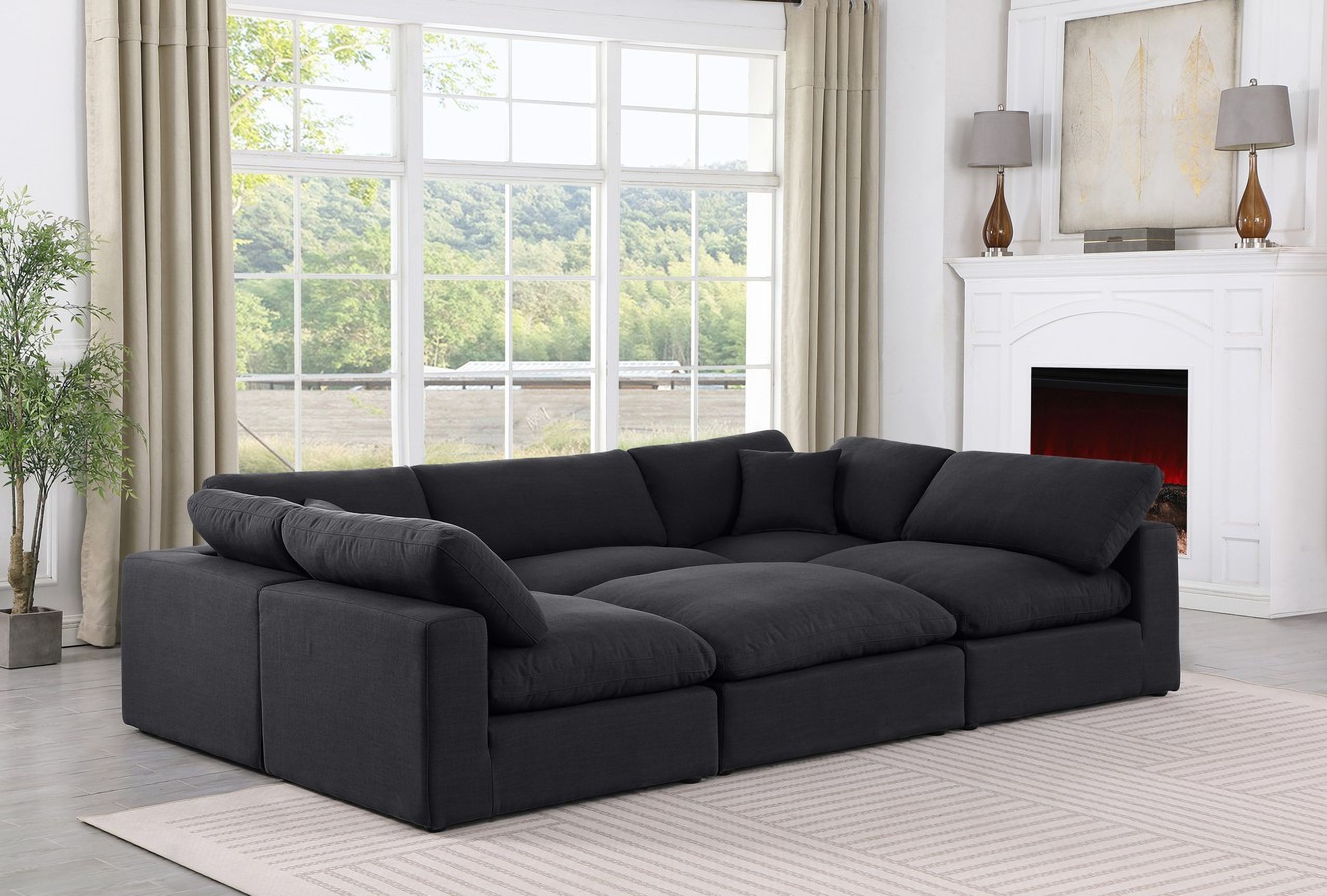 The appearance of Comfy Linen Textured Fabric 6 Piece Modular Sectional In Black designed by Meridian in the modern / contemporary interior design. This black piece of furniture was selected by 1StopBedrooms from Comfy Collection to add a touch of cosiness and style into your home. Sku: 187Black-Armless;187Black-Armless;187Black-Armless;187Black-Corner;187Black-Corner;187Black-Ott. Material: Linen. Layout: Modular.