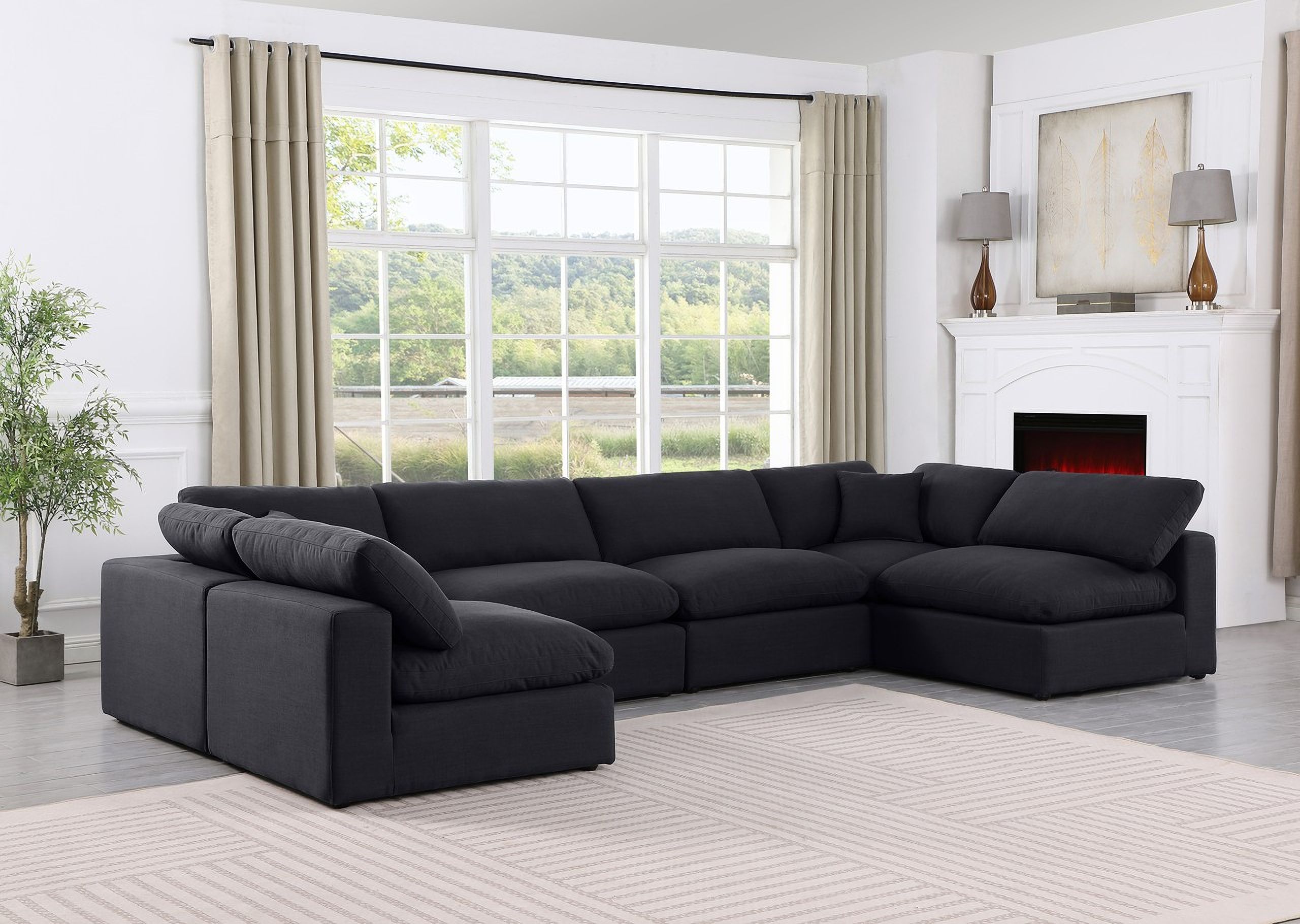The appearance of Comfy Linen Textured Fabric 6 Piece Modular Sectional In Black designed by Meridian in the modern / contemporary interior design. This black piece of furniture was selected by 1StopBedrooms from Comfy Collection to add a touch of cosiness and style into your home. Sku: 187Black-Armless;187Black-Armless;187Black-Armless;187Black-Armless;187Black-Corner;187Black-Corner. Material: Linen. Layout: Modular.