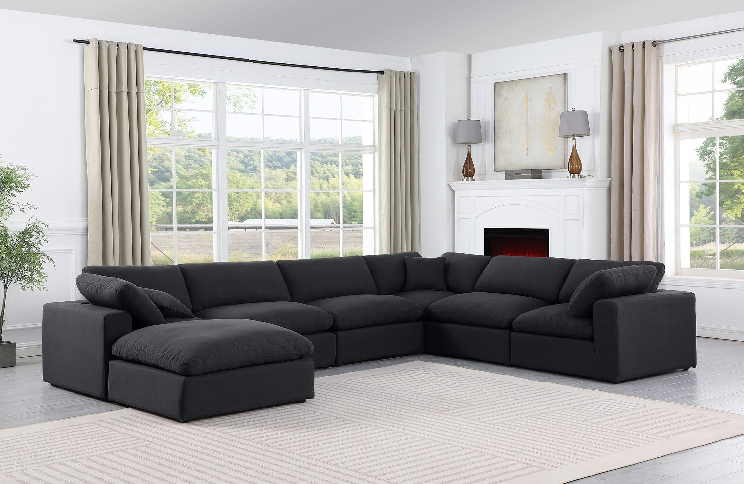 The appearance of Comfy Linen Textured Fabric 7 Piece Modular Sectional In Black designed by Meridian in the modern / contemporary interior design. This black piece of furniture was selected by 1StopBedrooms from Comfy Collection to add a touch of cosiness and style into your home. Sku: 187Black-Armless;187Black-Armless;187Black-Armless;187Black-Corner;187Black-Corner;187Black-Corner;187Black-Ott. Material: Linen. Layout: Modular.