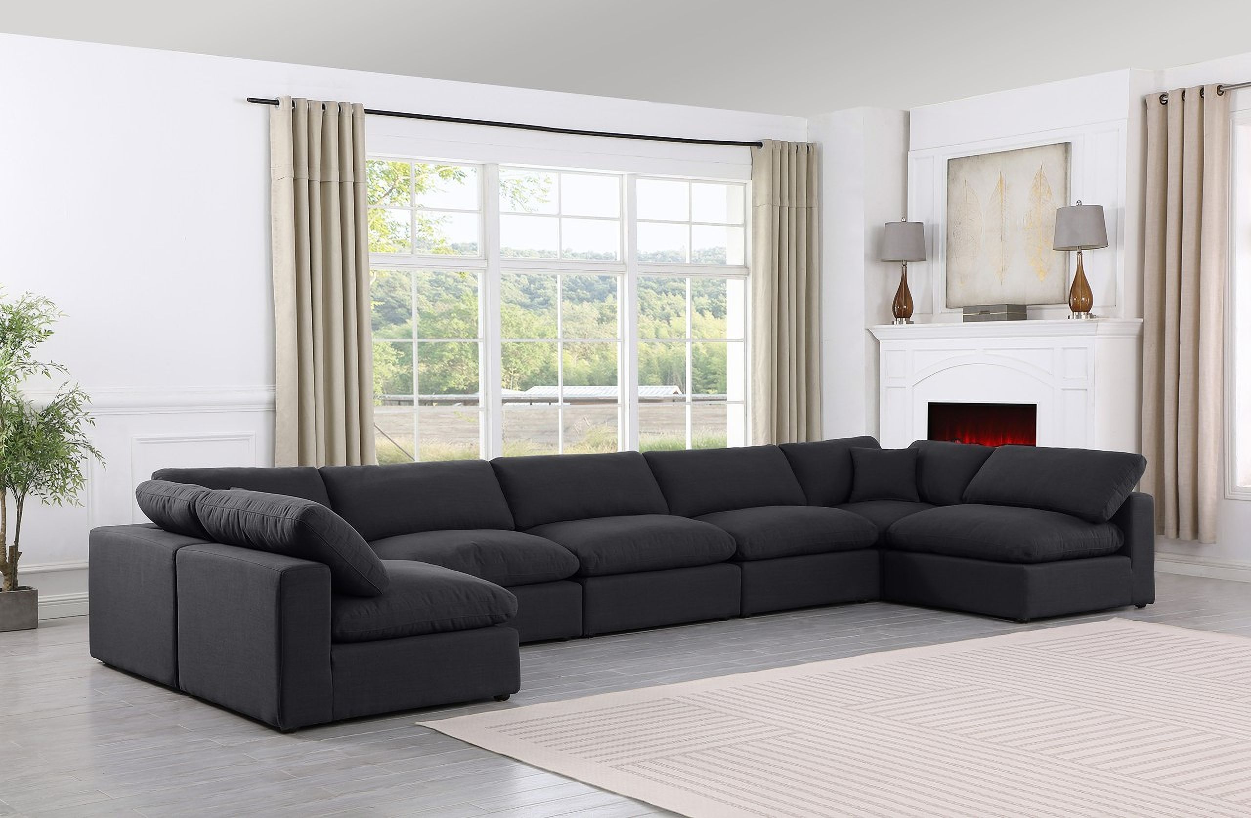 The appearance of Comfy Linen Textured Fabric 7 Piece Modular Sectional In Black designed by Meridian in the modern / contemporary interior design. This black piece of furniture was selected by 1StopBedrooms from Comfy Collection to add a touch of cosiness and style into your home. Sku: 187Black-Armless;187Black-Armless;187Black-Armless;187Black-Armless;187Black-Armless;187Black-Corner;187Black-Corner. Material: Linen. Layout: Modular.
