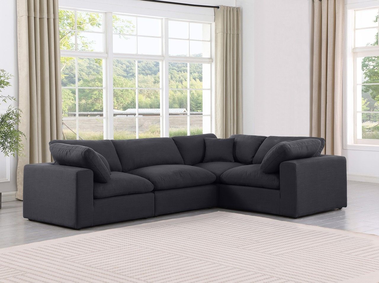Comfy Linen Textured Fabric 4 Piece Modular Sectional In Black
