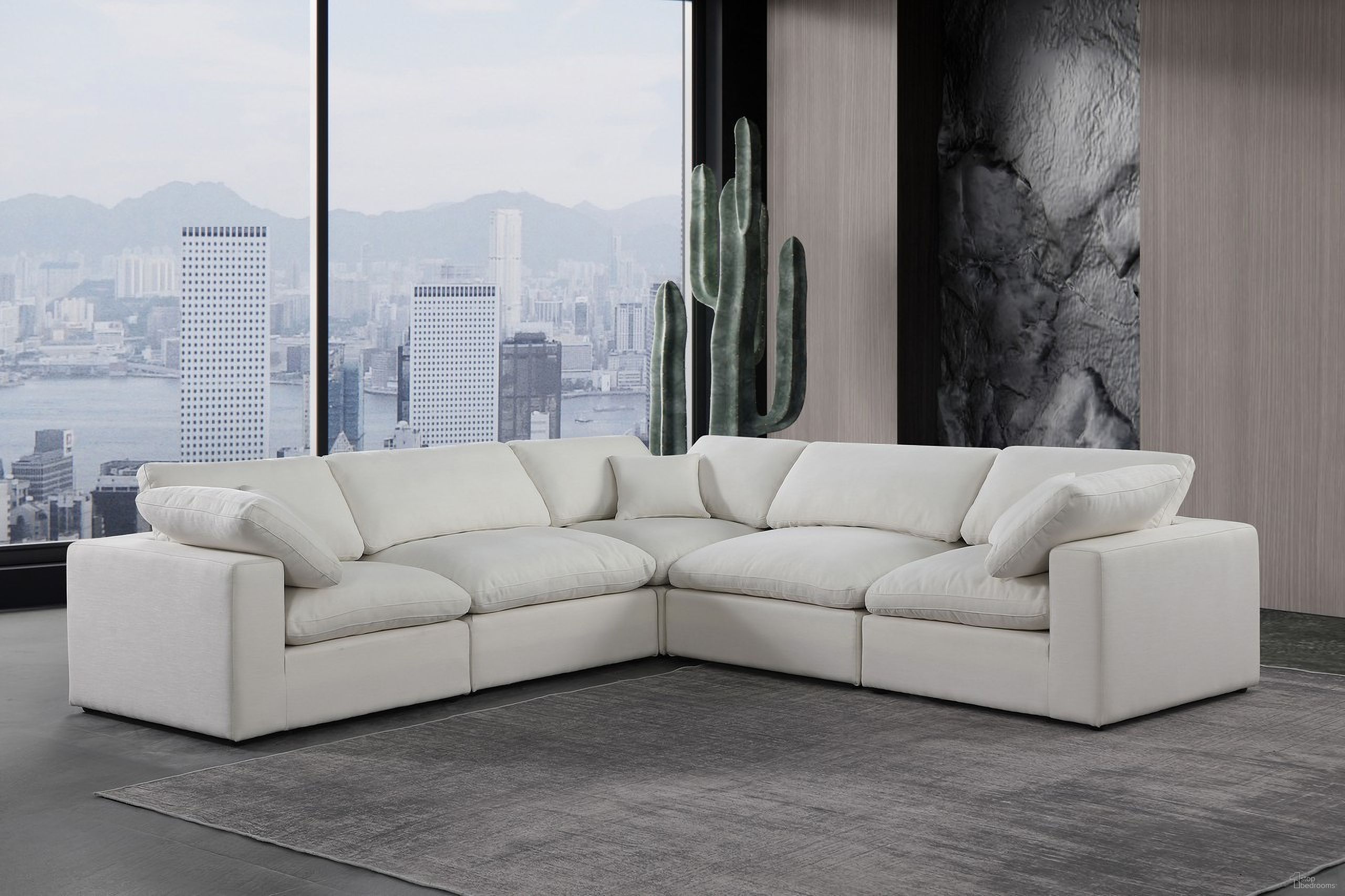 Comfy Linen Textured Fabric 5 Piece Modular Sectional In Cream